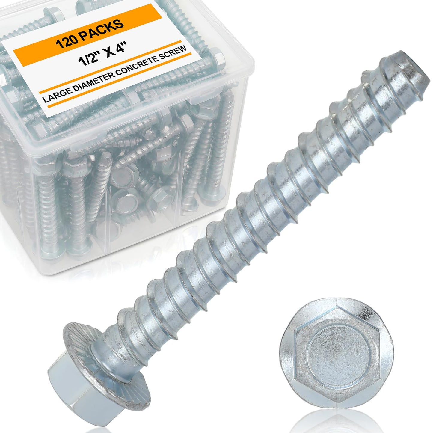 Hicarer 120 Pack 1/2" x 4" Concrete Screw for Anchoring to Masonry, Galvanized Heavy Duty Large Diameter Masonry Screws for Anchoring, Brick, Block, Decking and Framing, Hex Drive