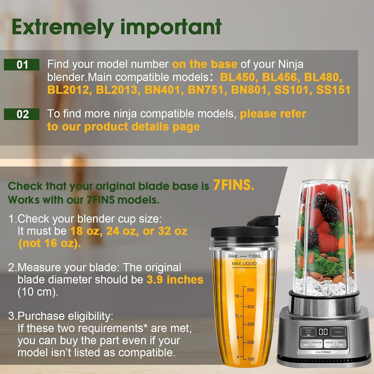 Ninja Blender Cups - 24oz Replacement Cups with To-Go Lids | Compatible with BN401, BL450, BL456 & More (3 Pack)
