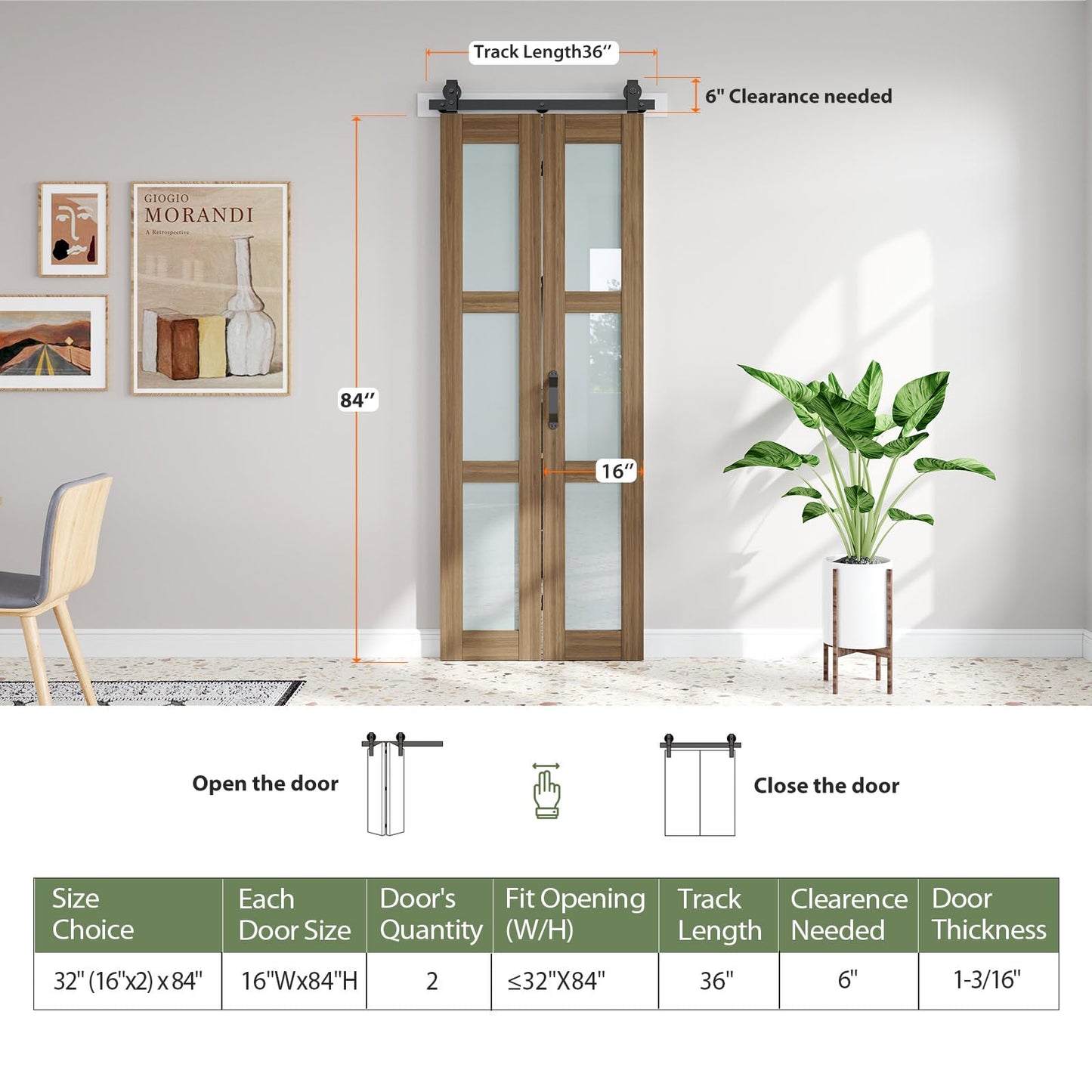 FREDBECK Glass Bifold Barn Doors 32X84(Double 16x84) with Hardware Kit Included, Brown,Water-Proof PVC Surface for Bedroom,Bathroom,Assembly Required