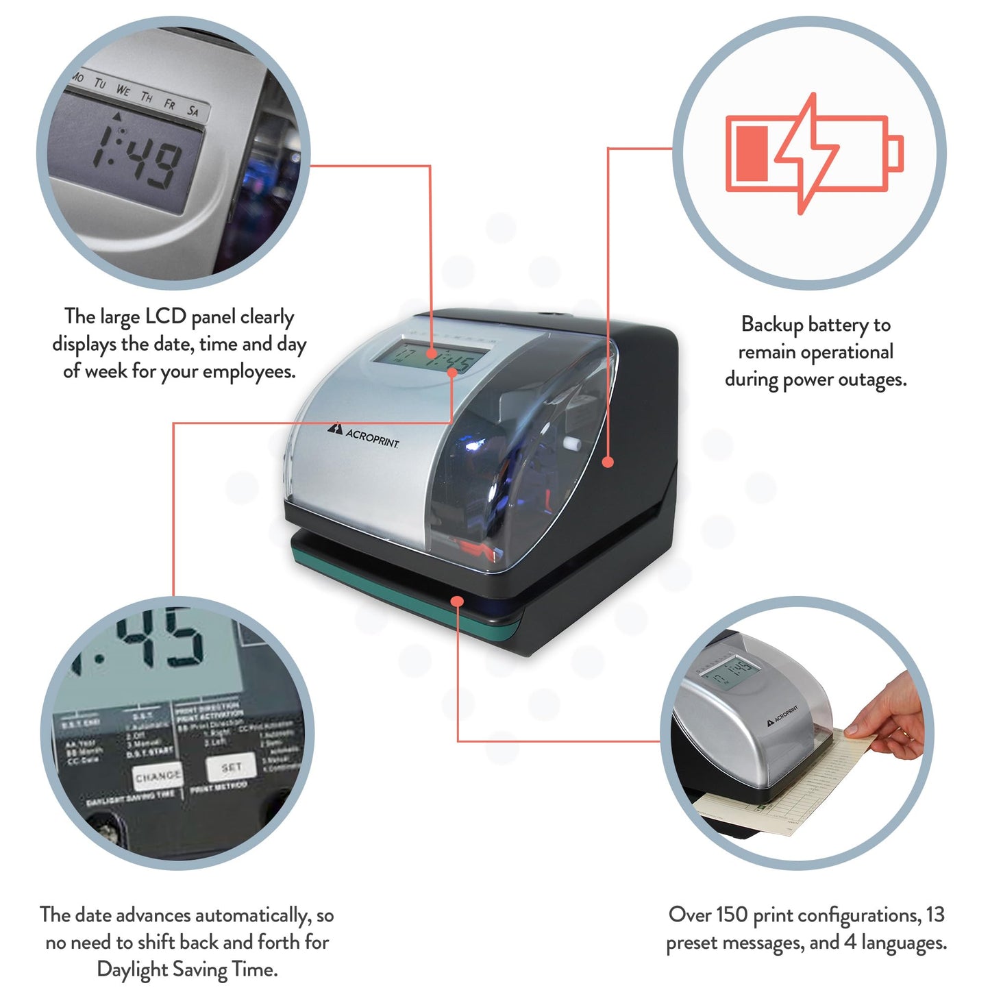 Acroprint Electronic Time Clock Machine – Time Stamp Machine for Employees, Ideal for Small Business, Accommodates Right or Left-Hand Time Cards, Selectable Hour Format