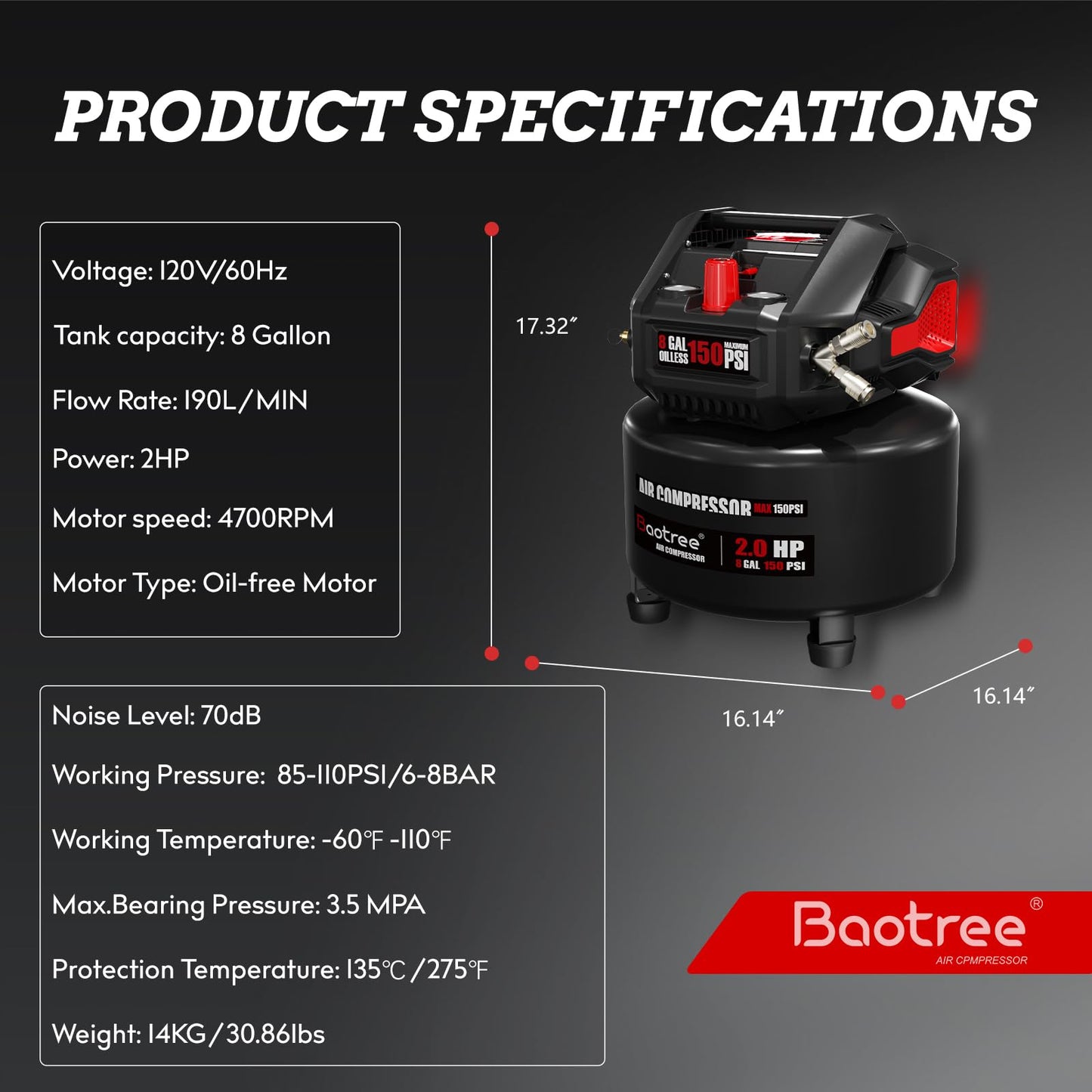 Baotree 8 Gallon Portable Air Compressor, Max 150PSI Oil Free Air Compressor Tank, 2HP Motor 2.8SCFM@90 PSI,3.8SCFM@40PSl Garage Air Compressors for Car Repair, Spray Painting, Woodwork Nailing