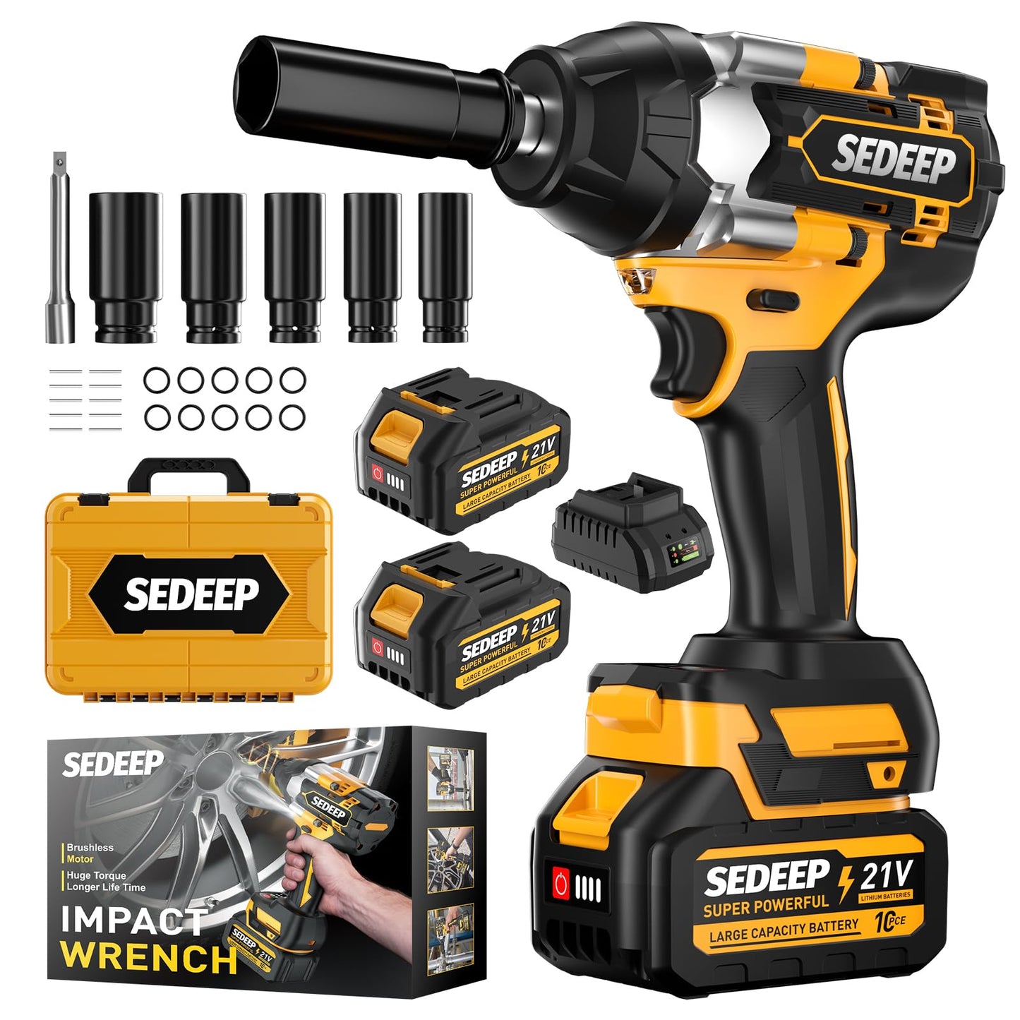 SEDEEP Impact Wrench 1/2 Inch, High Torque Impact Gun with 1500N·m(1100 Ft-lbs), 21V Brushless Electric Impact Wrench with 2*40Ah Battery, 3-Speed, LED Light, 5 Sockets for Car/Mower/Pickup/Truck RV
