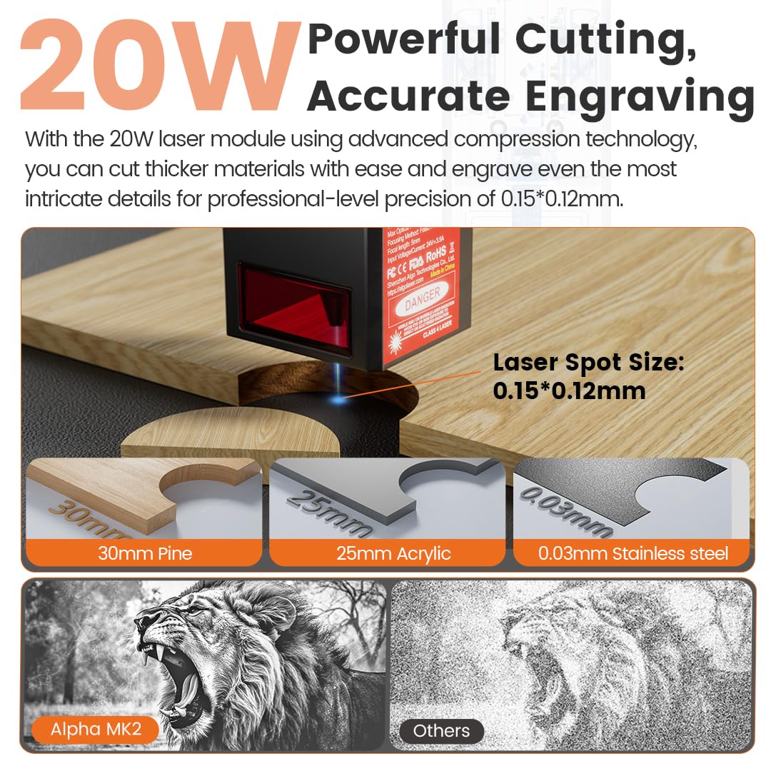 AlgoLaser Smart Laser Engraver, 20W Class 1 Laser Ccutter Machine, Built-in System, no Computer Required, Works on Metal, Wood, Acrylic, Leather, Includes air Pump Accessory.