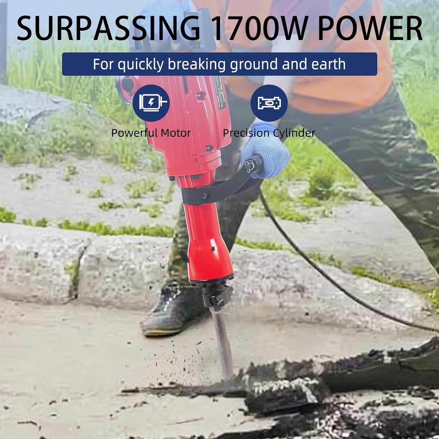 1700W Heavy Duty Electric Jack Hammer,Demolition Power Tool Kit With 3 Chisel Bits,Carrying Case & Safety Gloves for Concrete,Brick and Masonry, 3-Piece Set