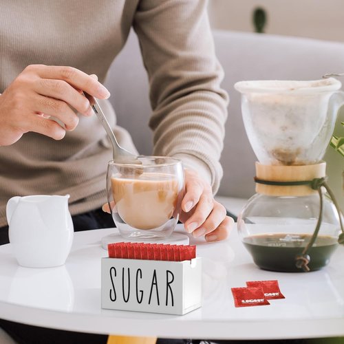 ESEHGS Sugar Packet Holder For Coffee Bar,Wood Sugar Packets Caddy, Farmhouse Sugar Cube Holder, Small Sugar Container Tea Bag Organizer for Table, Office,Hotel, Restaurant (White)