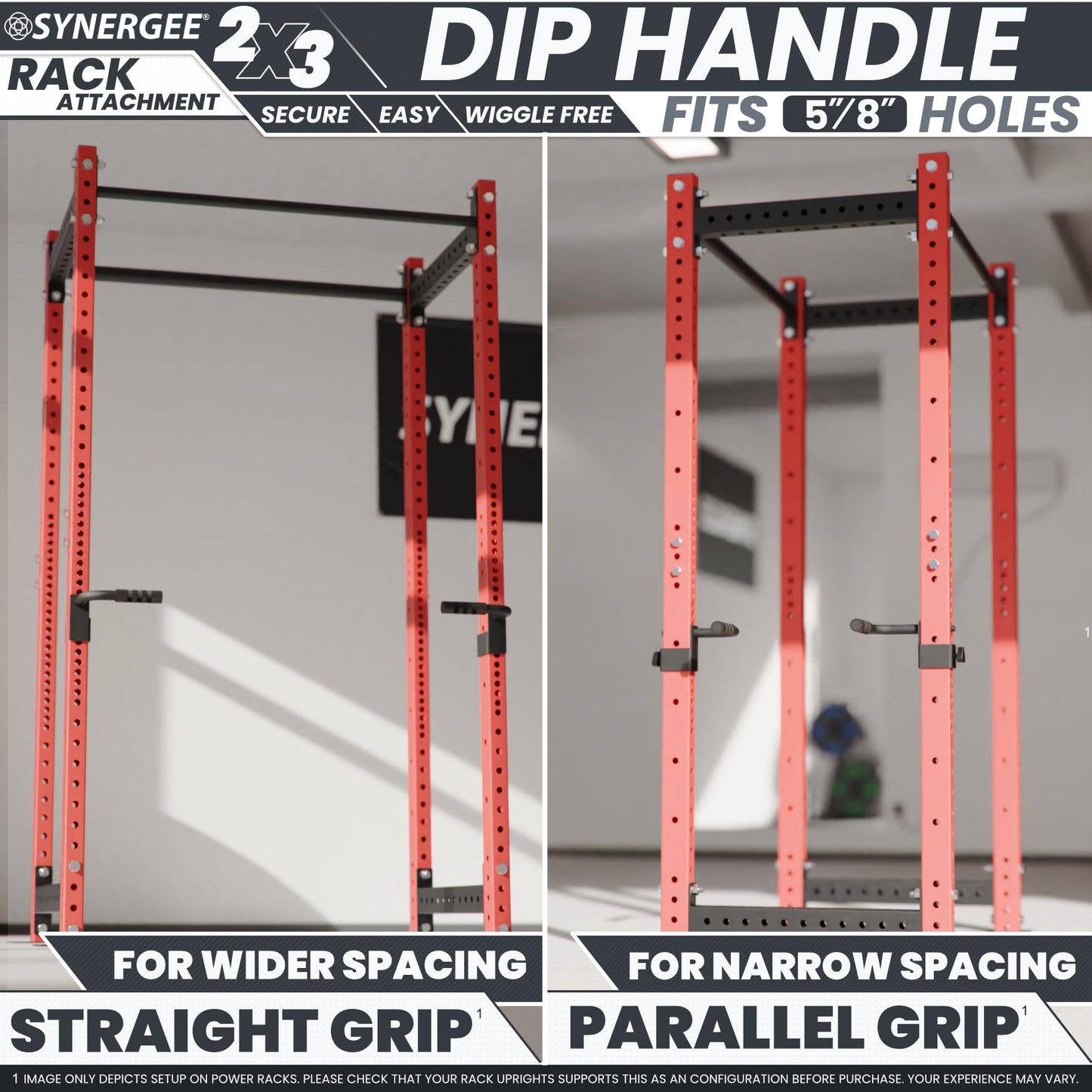 Synergee Dip Handles for 2x3 Power and Squat Racks, Dip Stand Fits Racks with 5/8" Holes. Rack-Mounted Dip Bar Attachment for Dips, Leg Raises, and Knee Tucks.