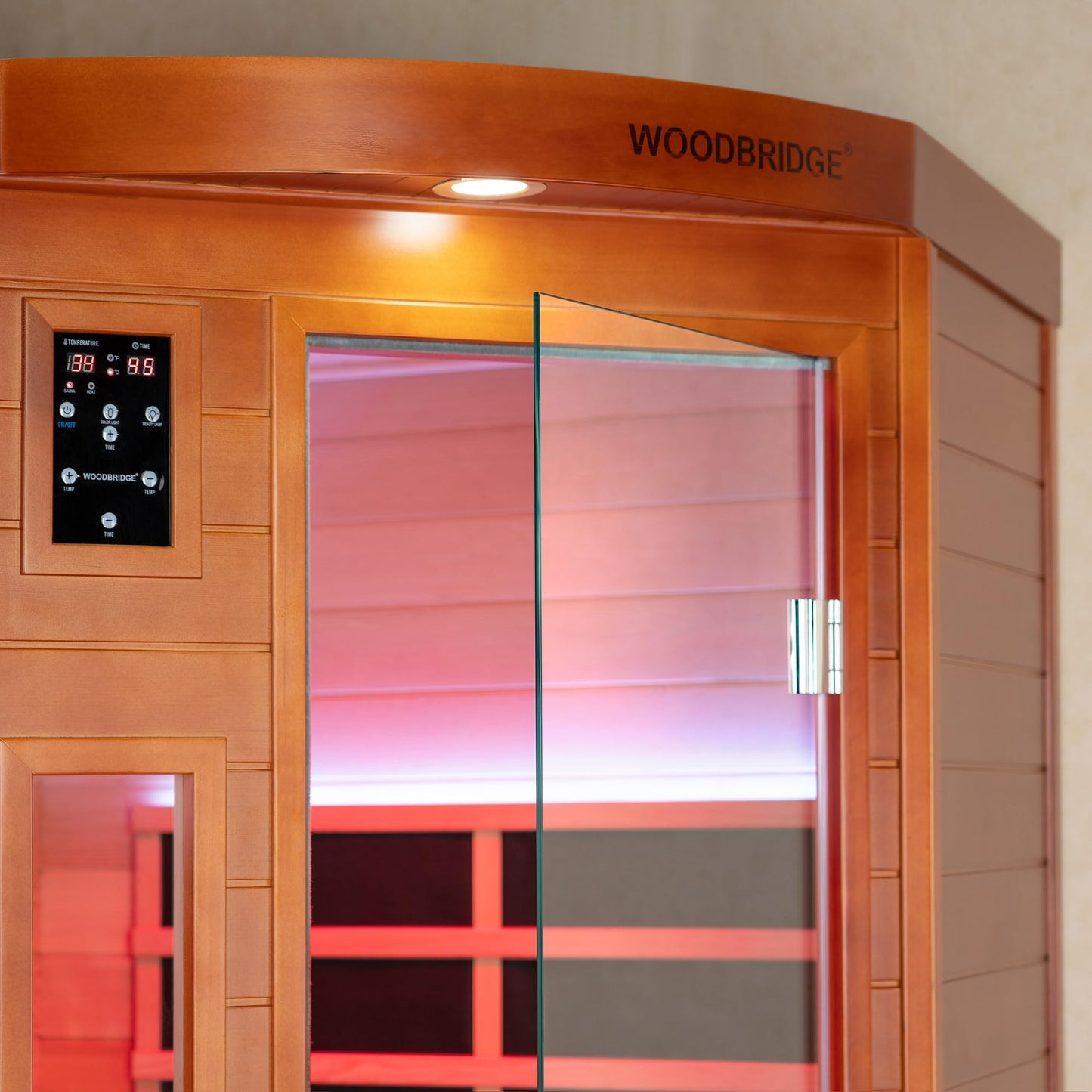 WOODBRIDGE Infrared Sauna Room 2 Person Japanese Cedar Indoor Corner Sauna with 7 Carbon Heaters, Red Light Therapy,Bluetooth Speaker,Intelligent Dual Control System,Tempered Glass,Exterior Brim Light