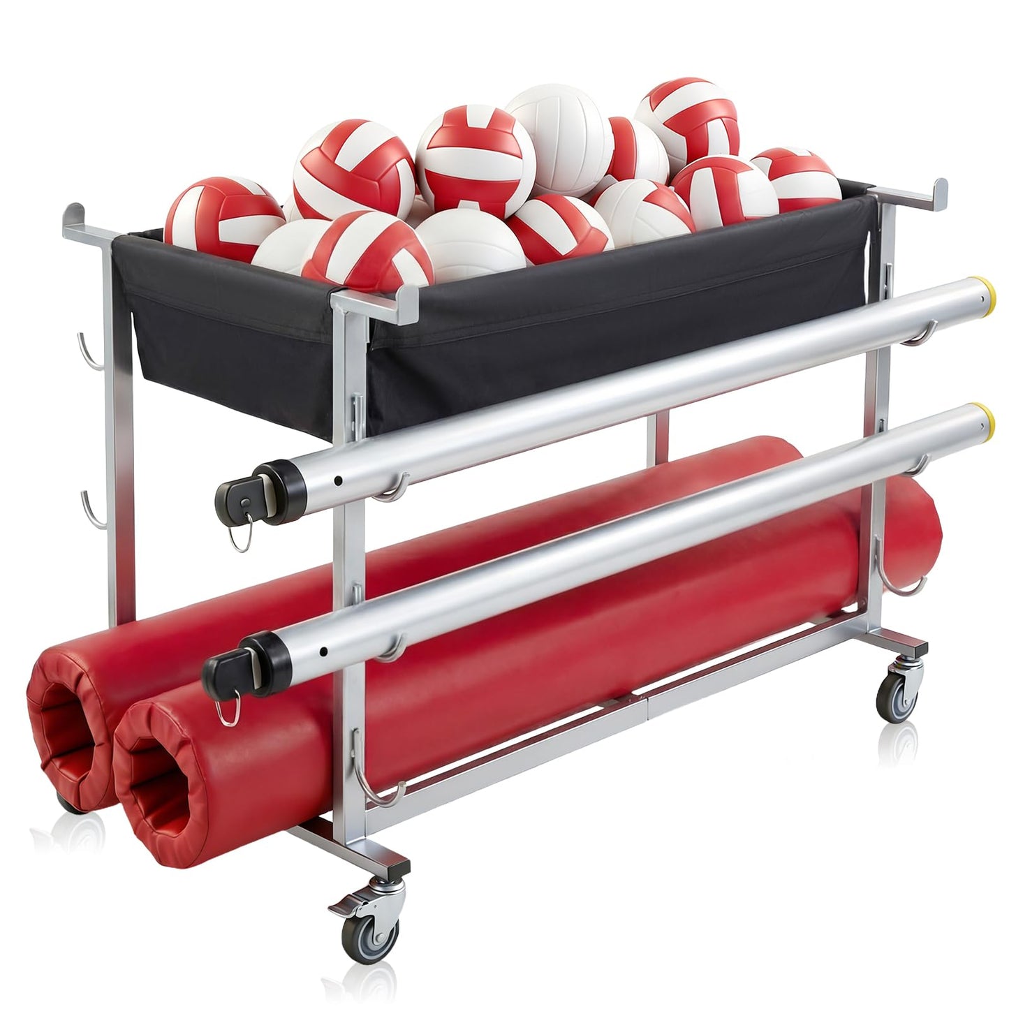 Datanly Volleyball Equipment Cart with Wheels 60 Inch Heavy Duty Volleyball Gear Storage Trolley with Removable Polyester Baskets Grey Portable Ball Cart for Balls Pads Nets Training Aids
