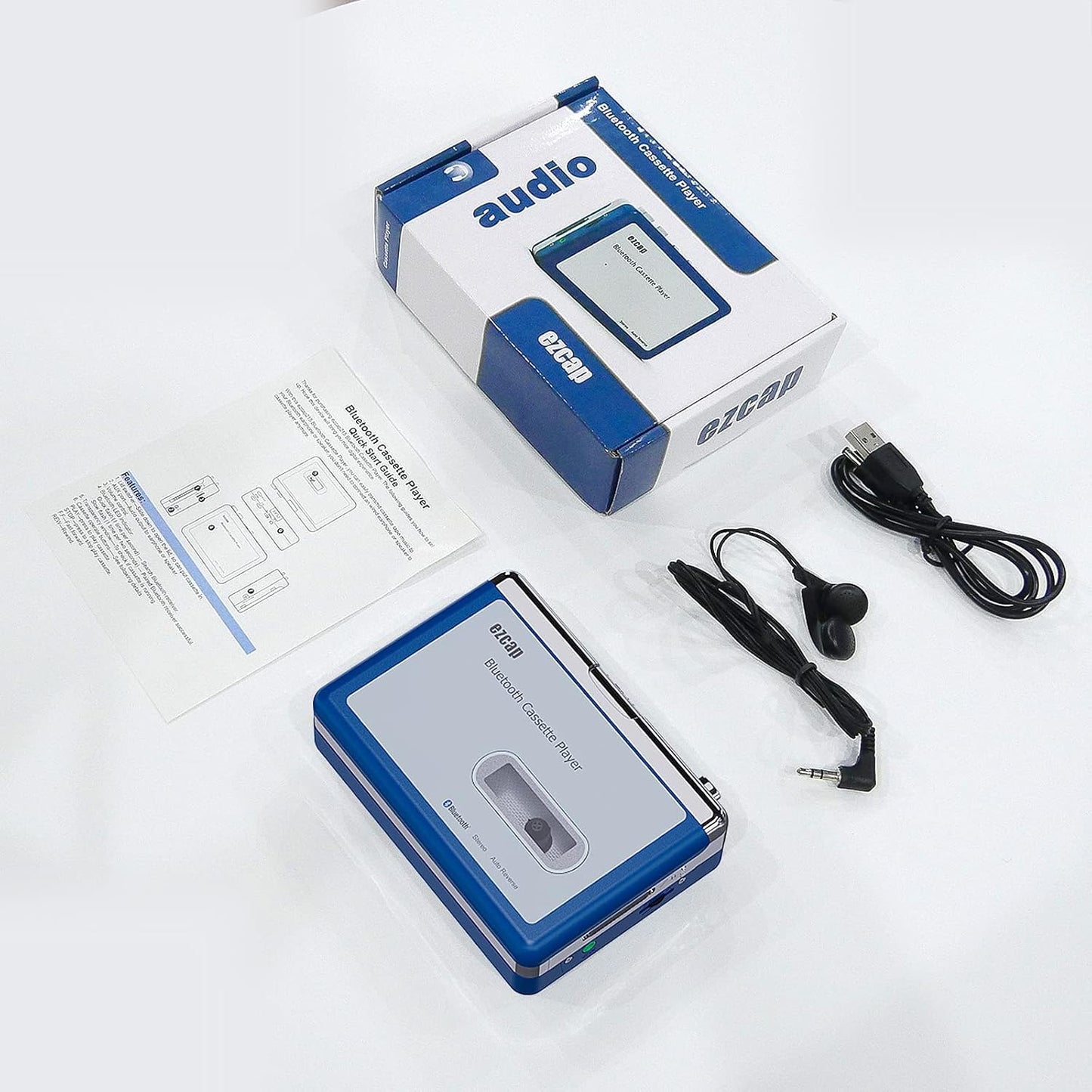 Cassette 3.5mm Ezcap Bluetooth Player, Walkman Tape Player with Jack Headphone and Speaker, Auto Reverse Function, USB
