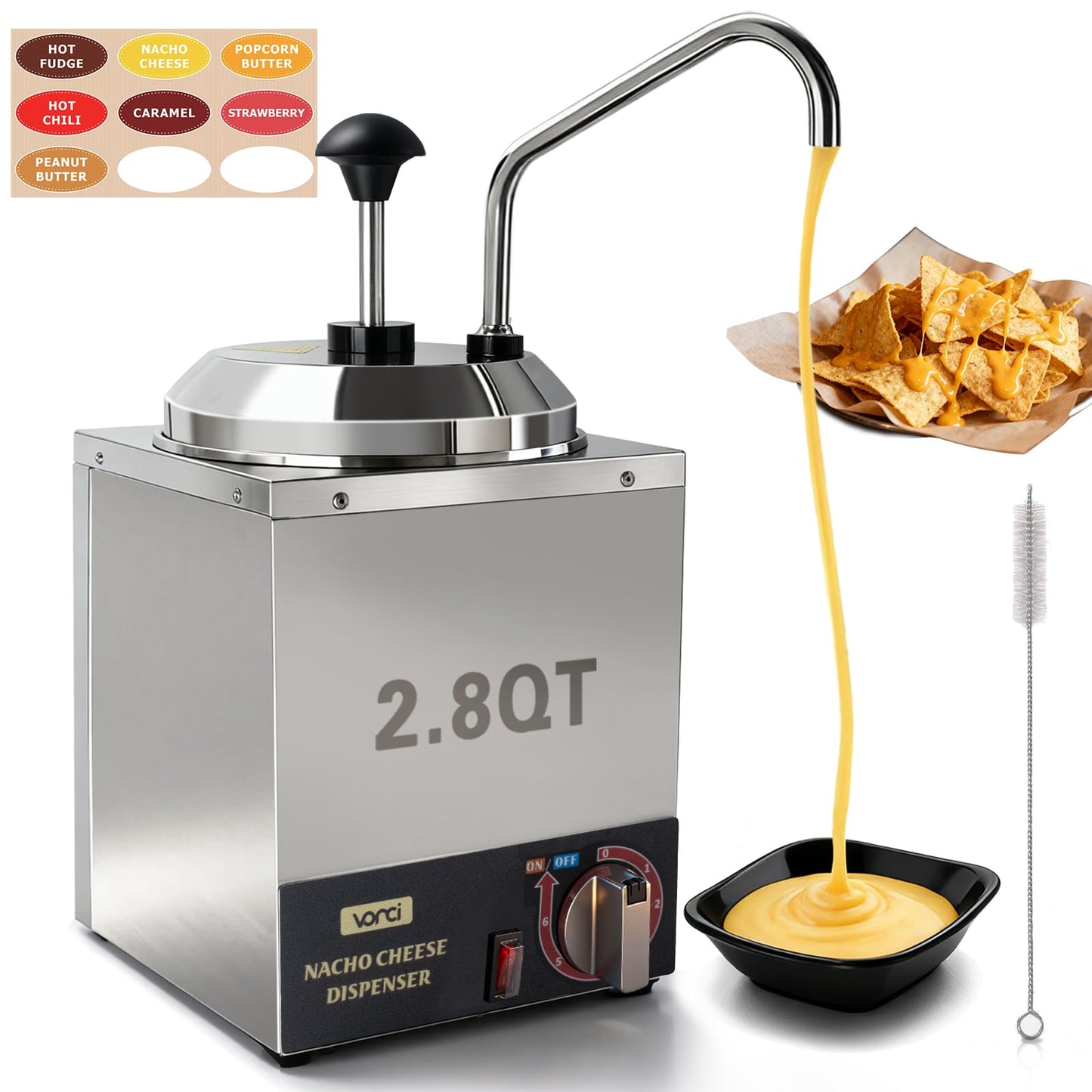 VONCI Nacho Cheese Dispenser, 2.8 Qt（2.5L）Nacho Cheese Warmer with Stainless Steel Pump, Hot Fudge Dispenser with 6-Level Temperature Control, Commercial Cheese Dispenser for Hot Fudge Cheese Caramel