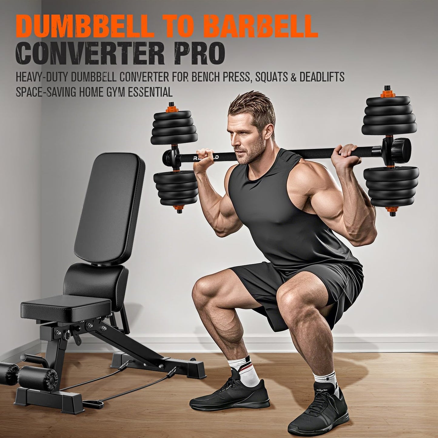 Dumbbell to Barbell Converter Bar - Adjustable Weight Bar for Home Gym, Converts Dumbbells to Barbell Set, 300lbs Capacity, Anti-Slip Foam Grip, Compatible with Standard Dumbbells