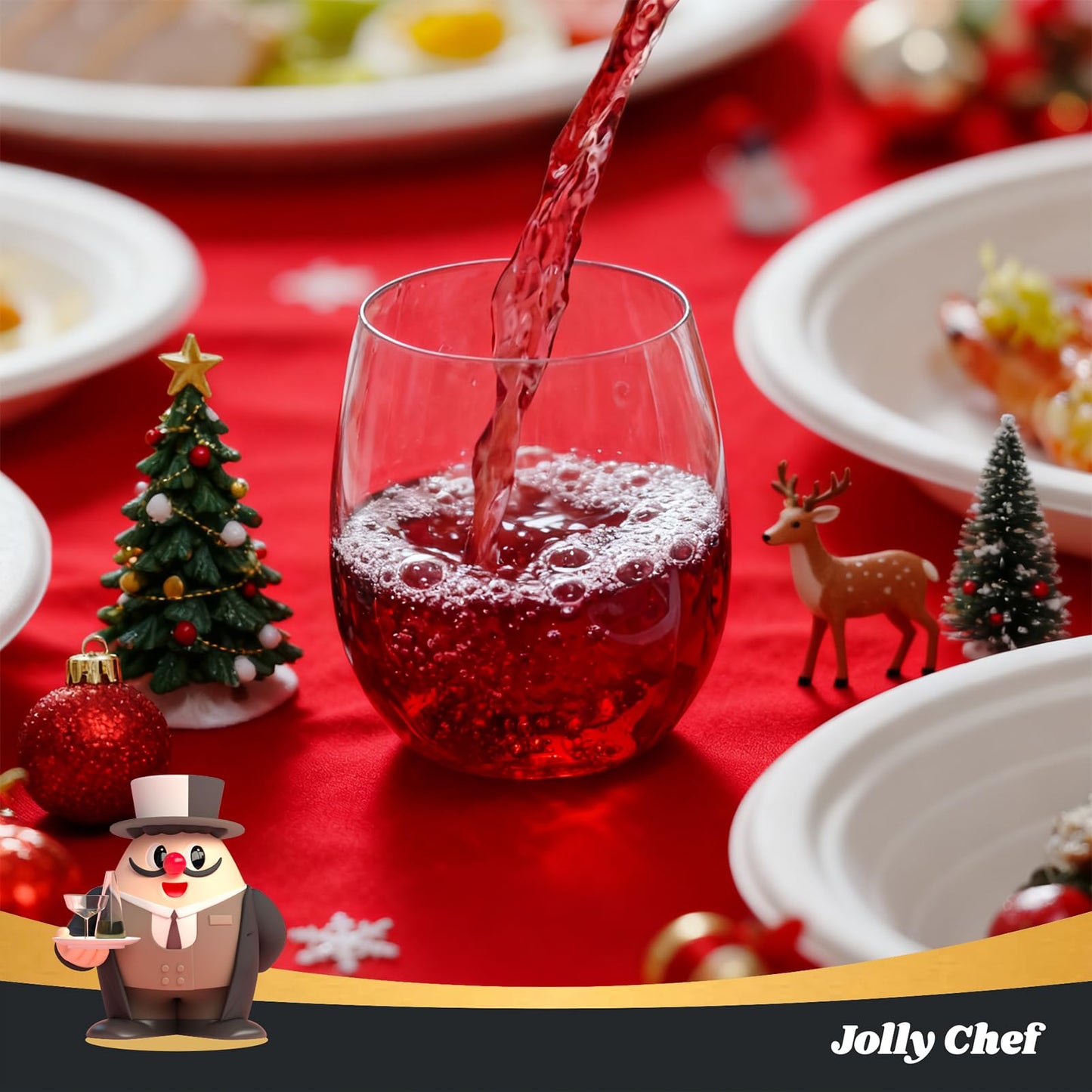 JOLLY CHEF 24 Pack 12 Oz Disposable Plastic Wine Glasses, Shatterproof, Unbreakable, Crystal, Stemless Plastic Wine Cups for Party, Halloween, Thanksgiving, Christmas