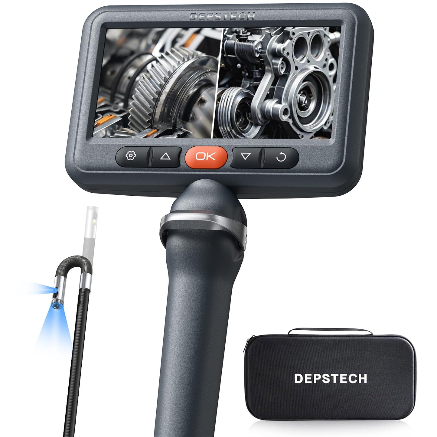 DEPSTECH Dual Lens Borescope Camera with Light, Two-Way Articulating Borescope, 5" IPS Dual View Endoscope with 0.33in Slim Probe, 1080P Waterproof Inspection Camera for Wall Auto Engine Inspect-5FT