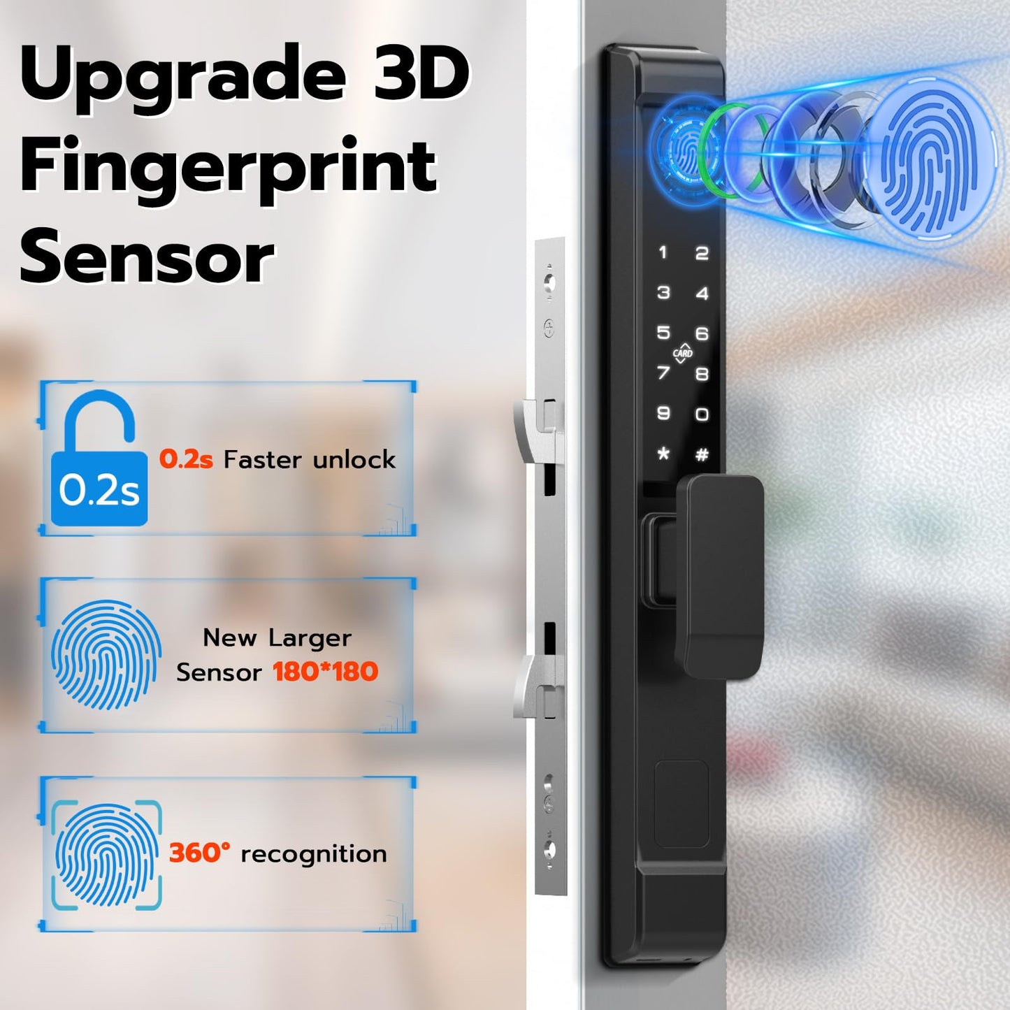 Sliding Glass Door Lock, Dhiedas Sliding Door Smart Lock with Fingerprint RFID Keypad Bluetooth App Electronic Digital Biometric Safety Patio Door Double Hook Slim Mortise Lock Set with Handle