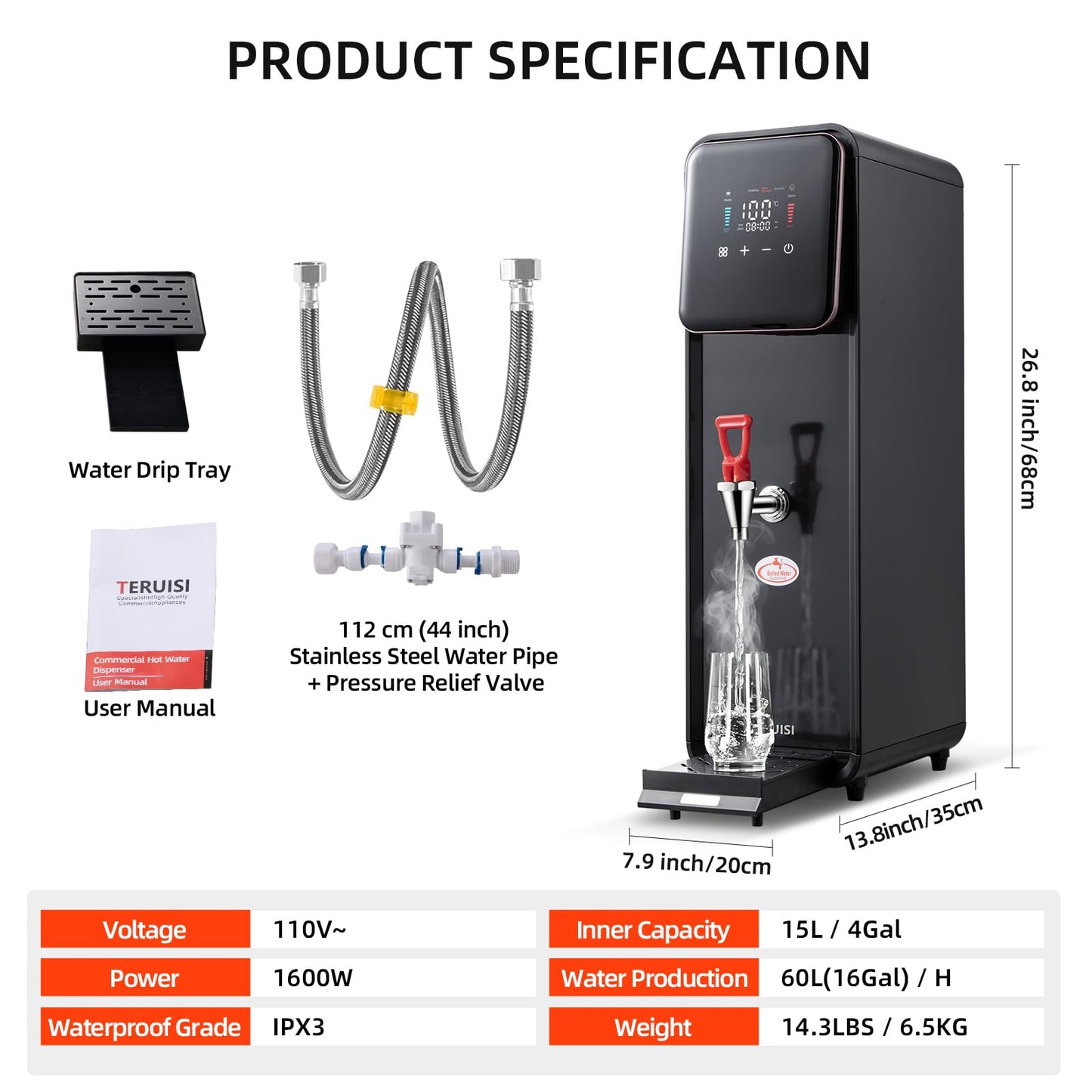 TERUISI 15L/4Gal Hot Water Dispenser, 1600W Commercial Hot Water Boiler, 60L(13Gal)/H Large Hot Beverage Dispenser with 304 Stainless Steel Inner, HD LED Screen for Hotels, Restaurants, Bars