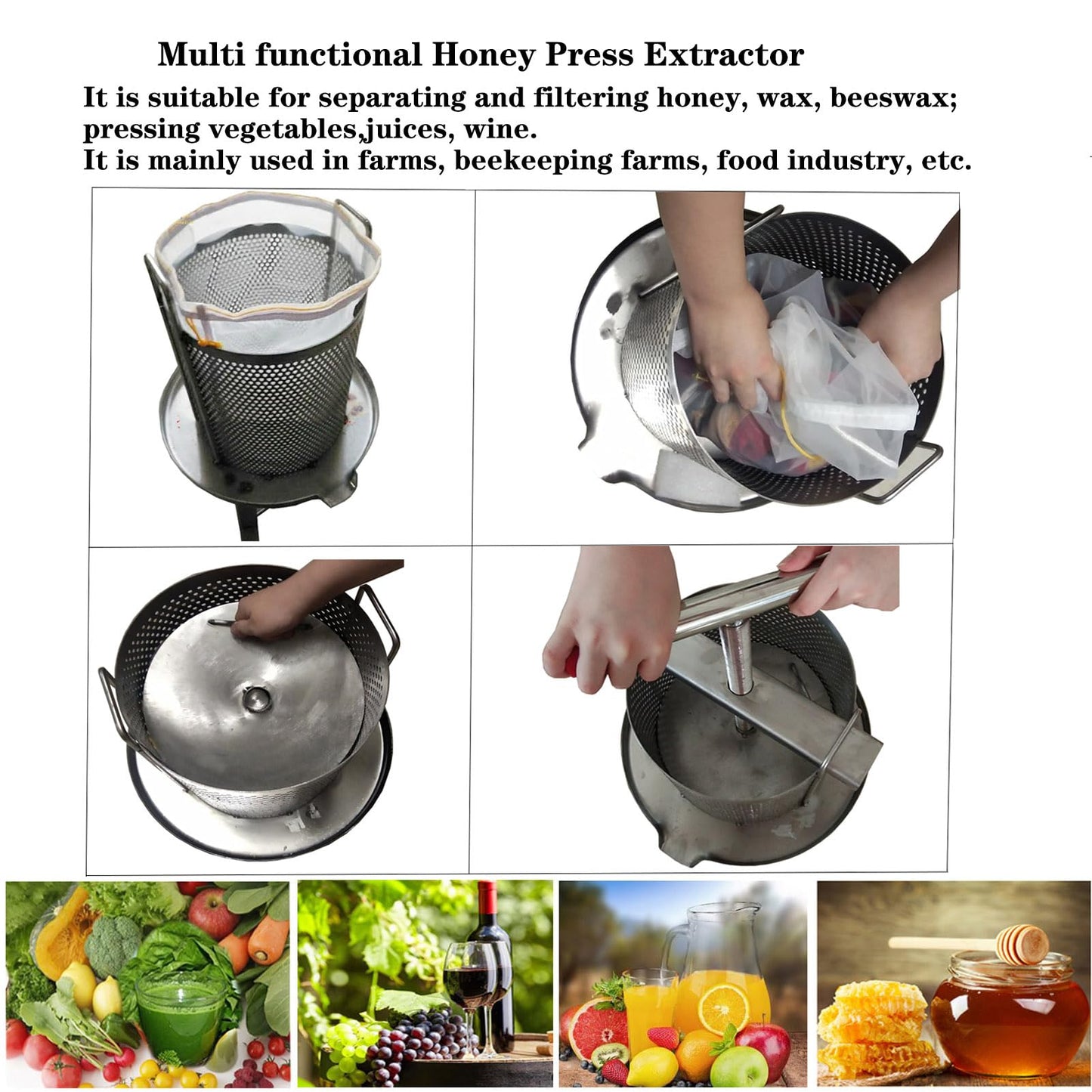 HCTOOL Honey Press Extractor Wax Machine Stainless Steel Honey Press Beeswax Machine Manual Large Bee Honey Presser Fruit Wine Press For Honey Wine Juice Vegetables Olive Oil Making