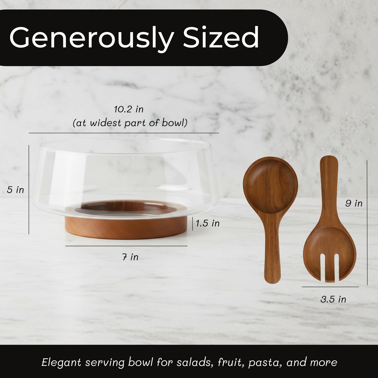 Large Glass Salad Bowl Set with Acacia Wood Base & Salad Servers – Elegant Serving Bowl for Salads, Pasta, Fruit & Snacks – Easy-Clean Modern Serveware, Perfect for Hosting & Housewarming Gifts