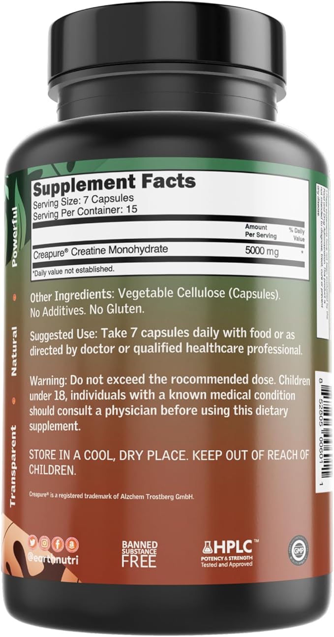 EarthNutri Creatine Monohydrate Capsules - Micronized for Better Absorption - Supports Muscle Growth, Strength & Recovery - 105 Capsules (5000mg per Serving, 7 Capsules)