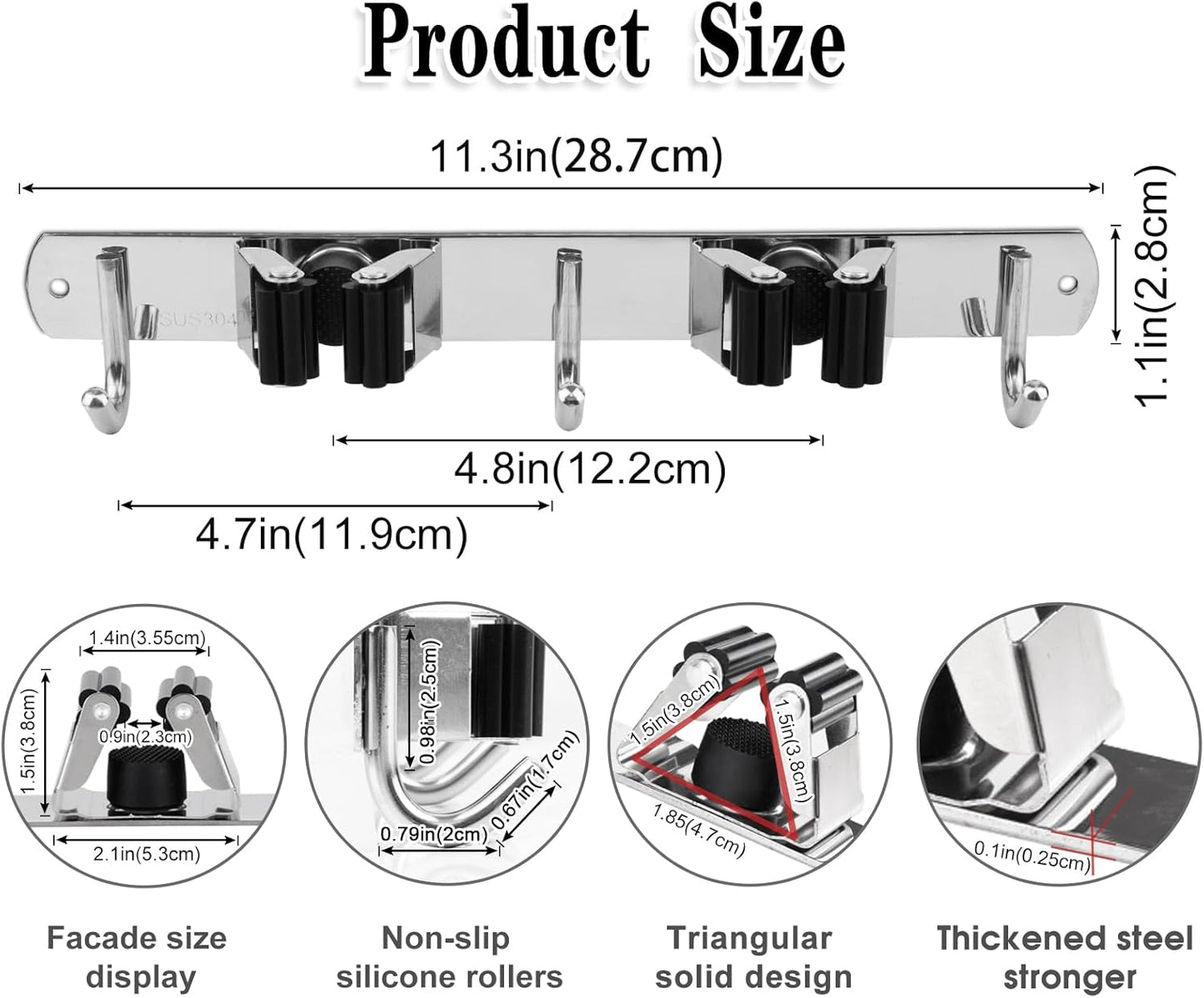 Skiennix Wall-Mounted Broom and Mop Holder - Heavy-Duty Stainless Steel Organizer with 2 Racks & 3 Hooks