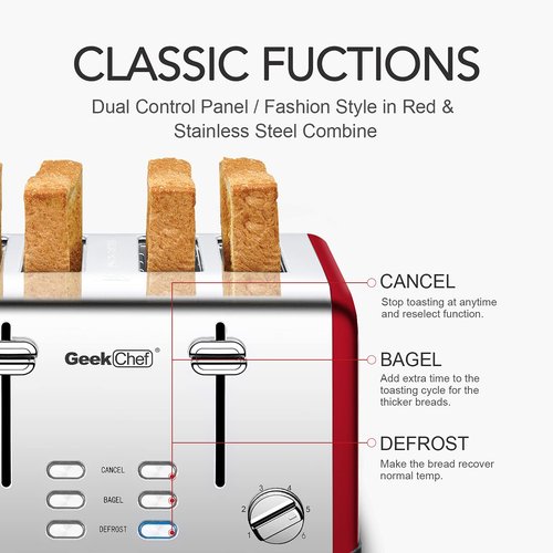 Geek Chef 4 Slice toaster, Best Rated Prime Retro Bagel Toaster with 6 Bread Shade Settings, 4 Extra Wide Slots, Defrost/Bagel/Cancel Function, Removable Crumb Tray, Stainless Steel Toaster, 1500W (Red-Classic)