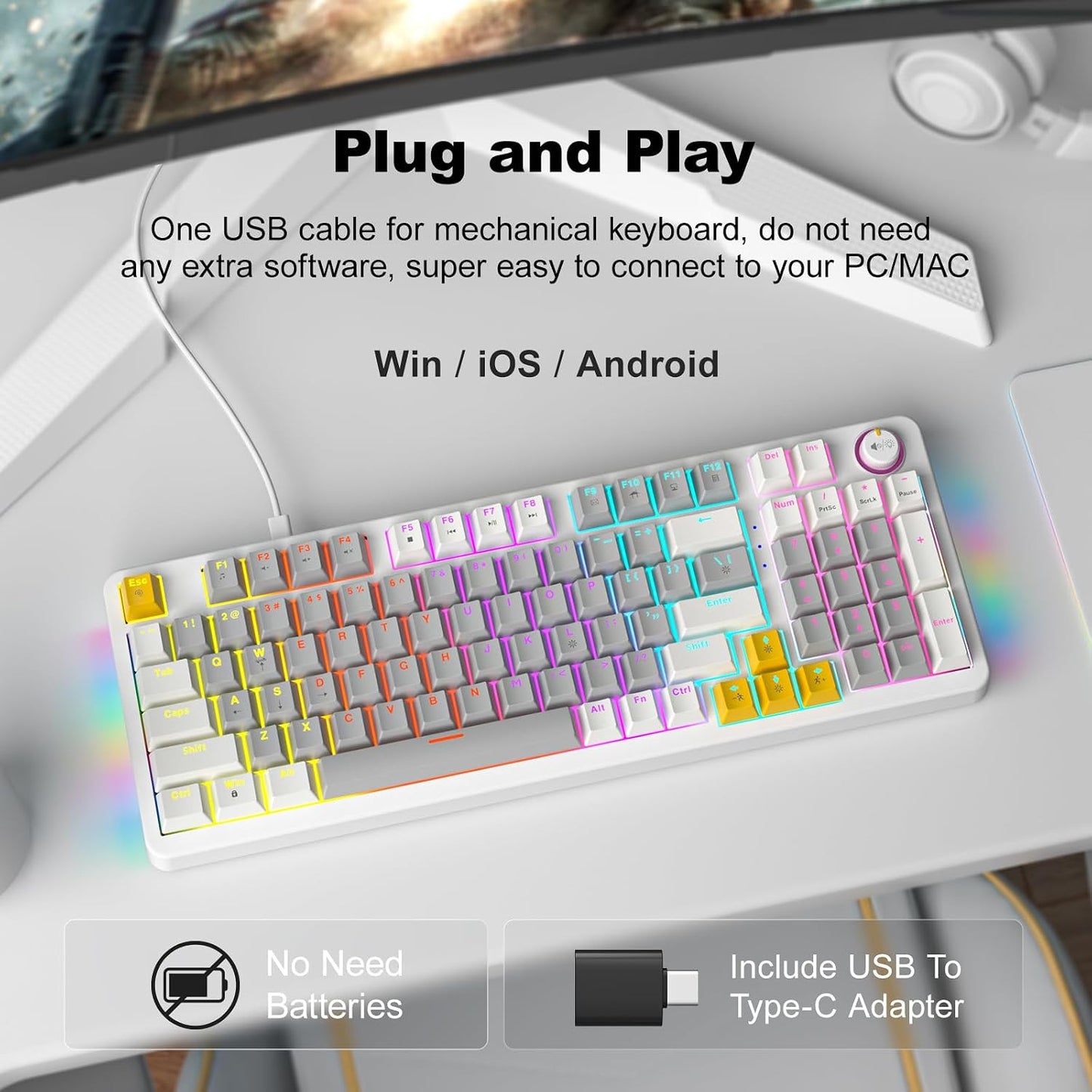 MOFII AK96 Programmable, Mechanical Gaming Keyboard, Full Keys LED Backlit Plug and Play USB A/C Wired Computer Custom