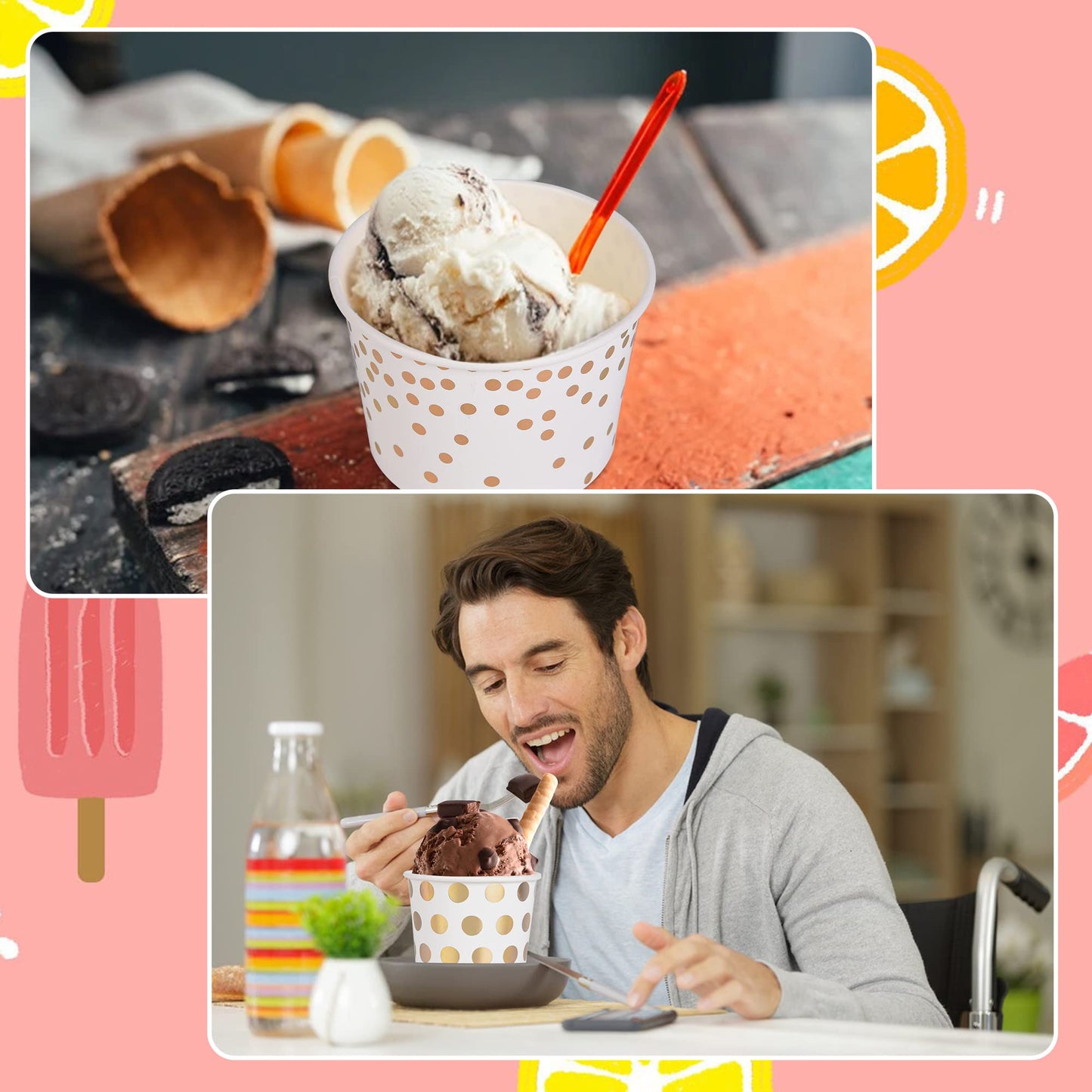 AimFun 60 Pcs Treat Snack Cups Gold Dessert Cups 8oz Disposable Paper Ice Cream Cups for Hot or Cold Food Container Birthday Christmas Party Supplies