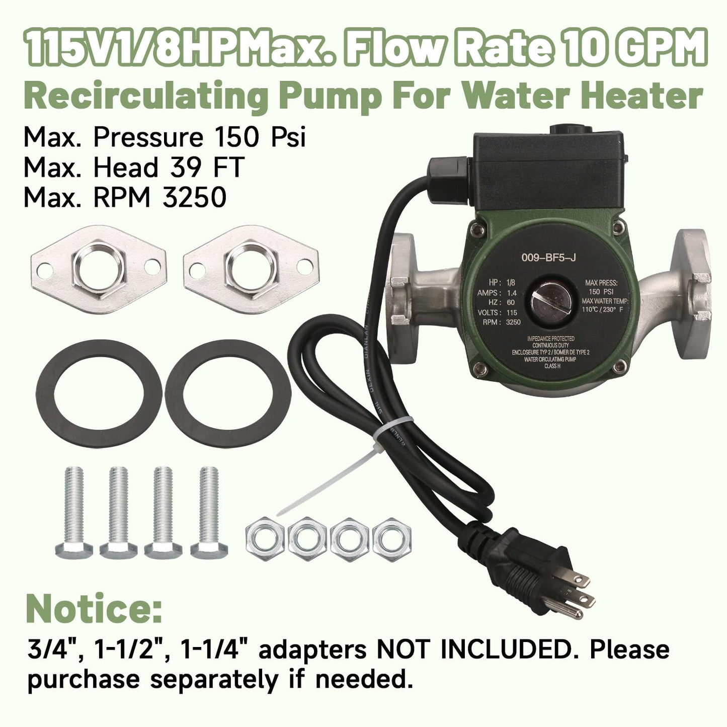 009-BF5-J Stainless Steel Water Circulator Pump 1/8 HP 115V 60Hz for Hydronic Heating Boiler Hot Water Circulation System