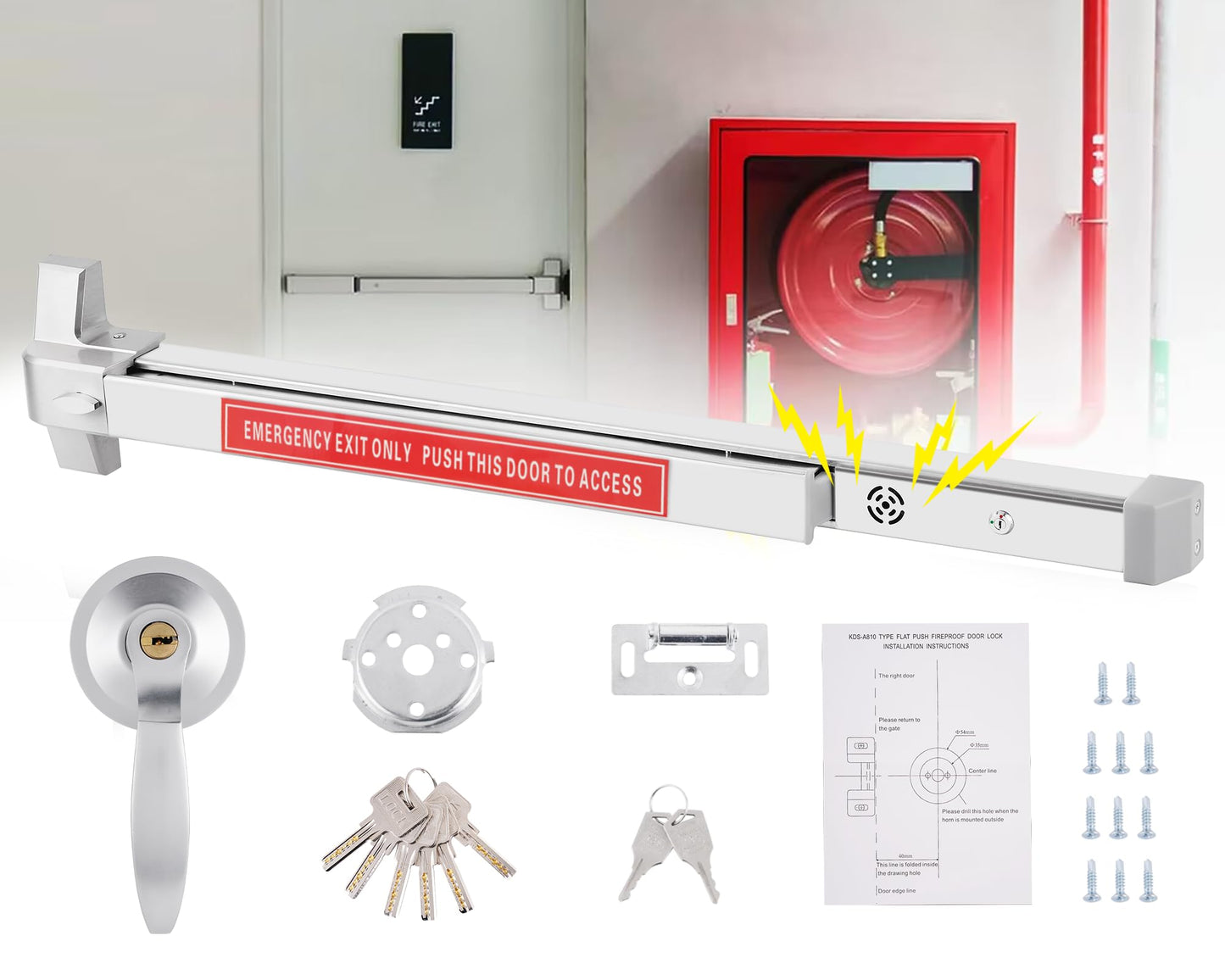 Commercial Door Push Bar Panic Exit Device with Alarm Exterior Lever 80cm/31.5" Stainless Steel Panic Bars for Exit Doors Emergency Exit Panic Door Hardware with 6 Keys for 31”-47” Wood Metal Doors