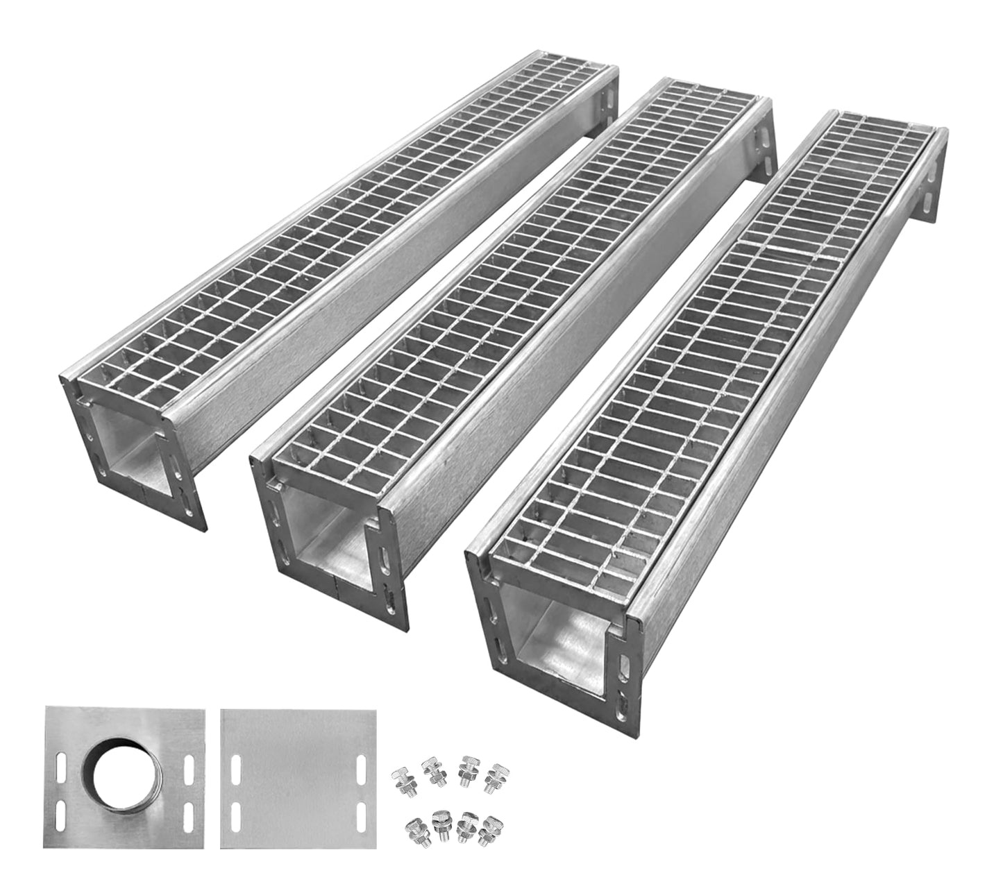 Natotela Driveway 304 Stainless Steel Channel Drain with Galvanized Steel Grate-39.4x7.1x6.3in B125 Heavy Duty Trench Drain System,3 Pack Total Length 118.2in,Metal Drainage System for Garage