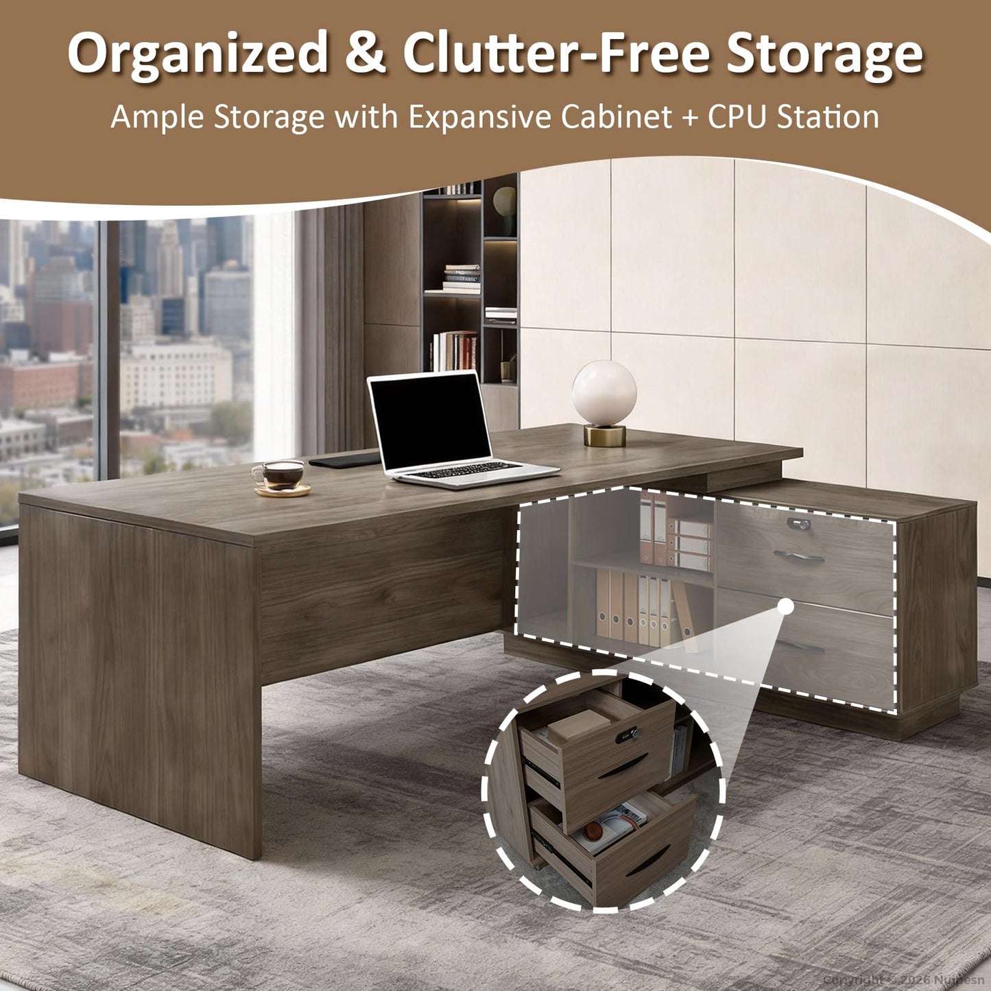 Nuipesn 63" L-Shaped Executive Desk with Reversible Storage Cabinet, Locking Drawers & Cable Management, Modern Office Desk for Home Office or Business Workspace, Black Walnut