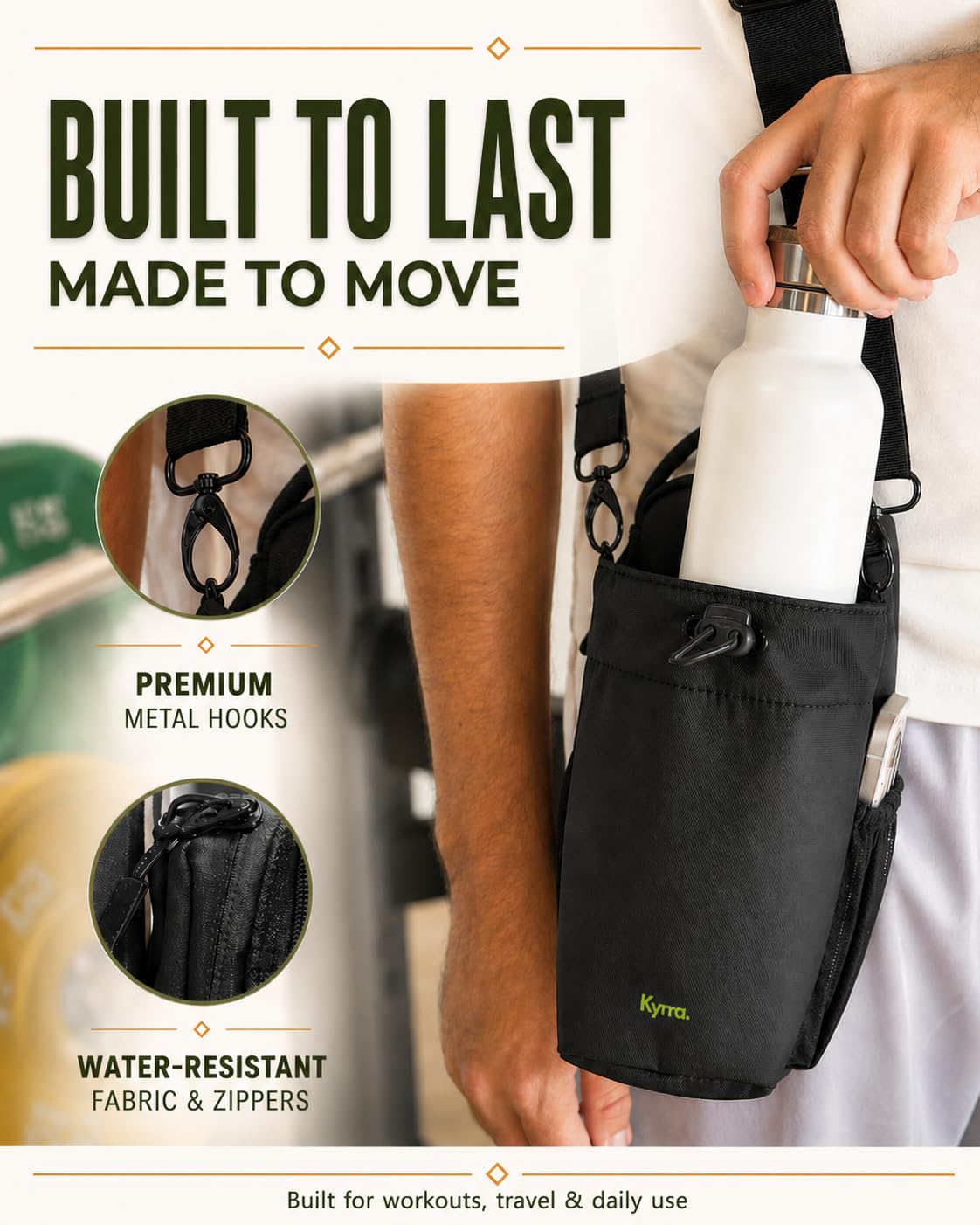 kyrra. Magnetic Gym Bag with Water Bottle Holder Crossbody Bag Strong Magnetic Attachment Fits 40oz Bottles Phone Pocket & Bonus Pouch Gym Accessories for Men and Women