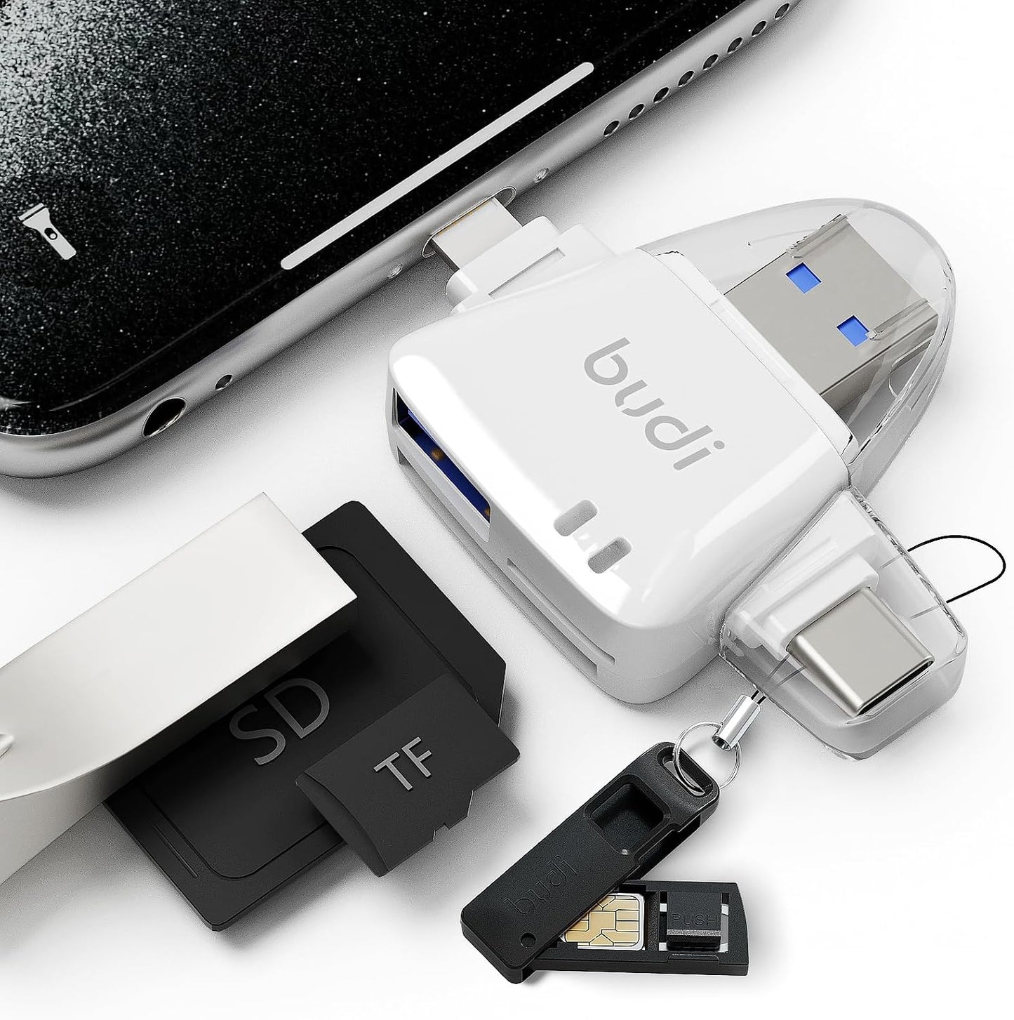 BUDI 6-in-1 SD Card Reader for iPhone, Micro SD TF Memory Card Reader Trail Camera Viewerport Adapter,Compatible