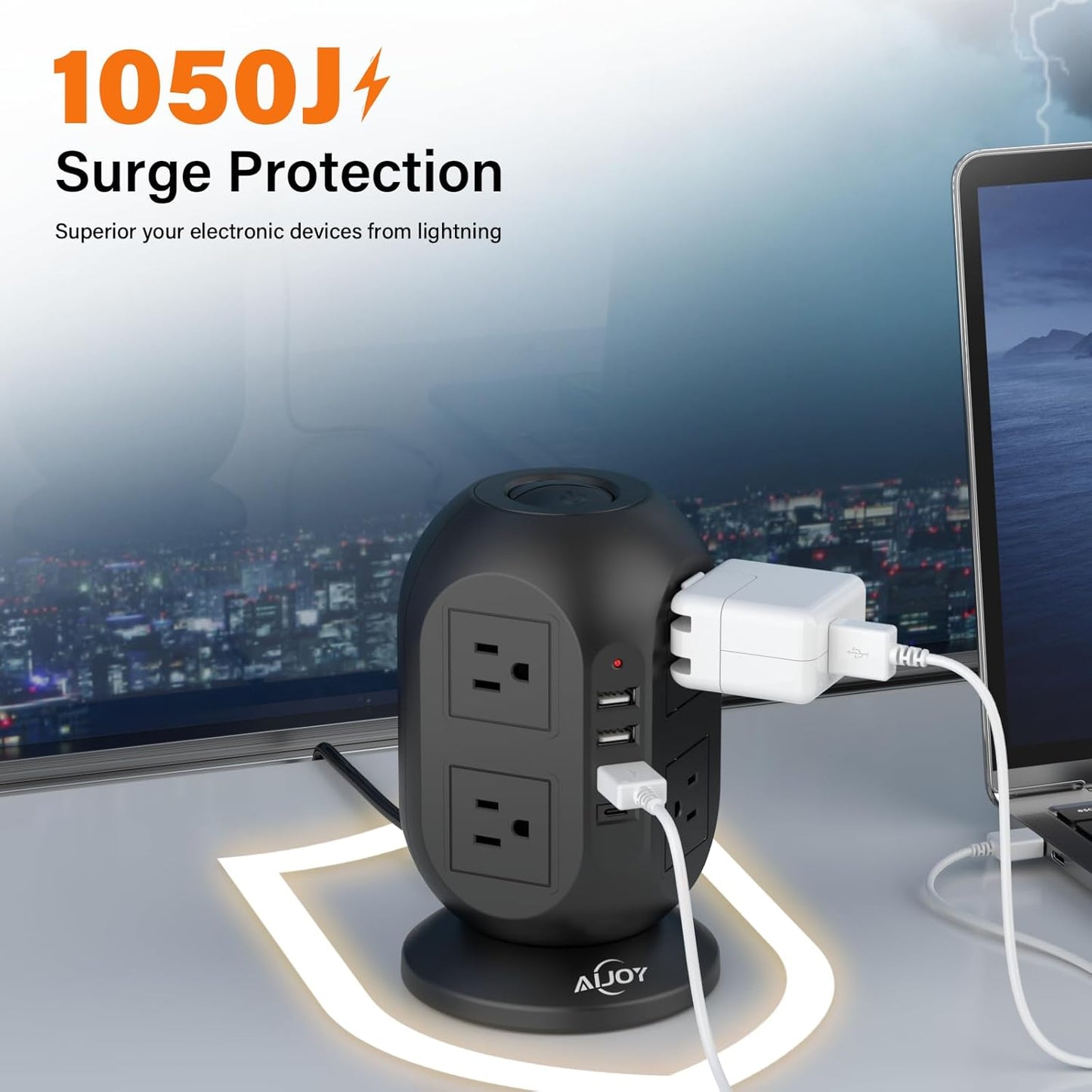 AiJoy 8 4 Ports(1 10 Surge Protector Power Strip Tower with Outlets USB USB-C), FT Flat Extension Cord with Multiple