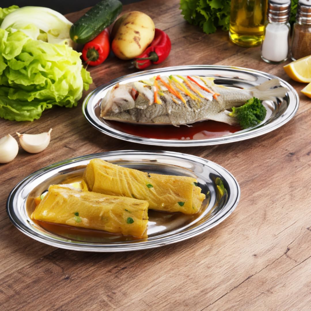 Chandler Stainless Steel Serving Tray 14 Inches | platters and trays for parties, Premium Oval Silver Platter for Serving Food, Party Trays, Turkey Platter