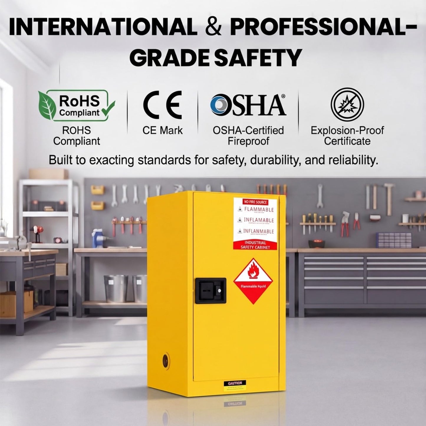 BLUEIAN 36" x 25" x 20" Flammable Storage Cabinet, 45 Gallon OSHA Fire Cabinet with ESD Grounding Cable, Stainless Steel Adjustable Shelf Flammable Safety Cabinet for Fireproof Chemical Storage