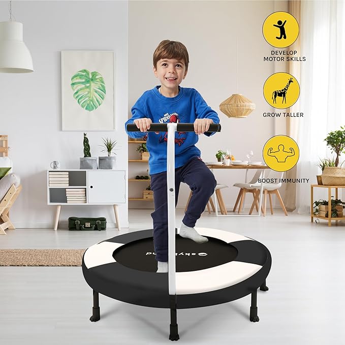 SkyBound 36 Inch Indoor Trampoline for Kids - Kids Trampoline Indoor with Handle - Toddler Trampoline with Upgraded 2.0mm Steel Pipe and Handlebar - Mini Indoor Trampoline for Kids Age 3 and Above