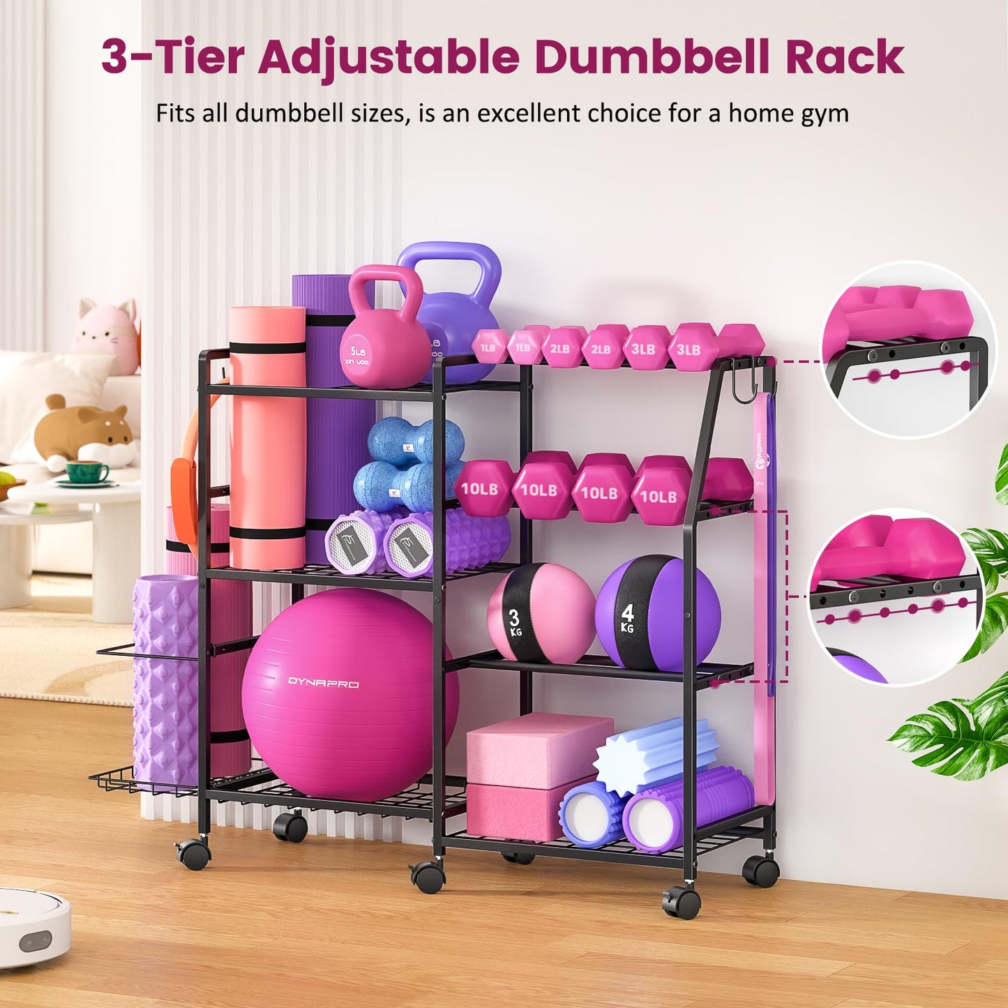 Dumbbell Rack, Weight Rack for Home Gym, Yoga Mat Storage Rack, Exercise Equipment Storage with Wheels and Hooks, Home Gym Equipment Organizer for Kettlebells