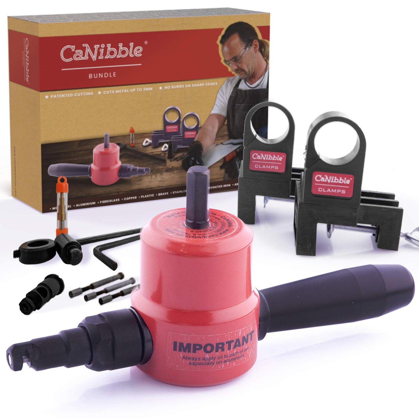 CaNibble Bundle, Professional Nibbler, Sheet Metal Nibbler, Premium Nibbler Drill Attachment, Cuts Straight lines, Curves and Circles, Australian Made