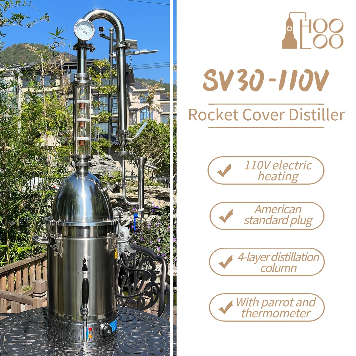 HOOLOO Alcohol Distiller Still for Home Use Kit 304 Stainless Steel Whiskey Making Kit with Thermometer Whiskey Brandy Vodka 6.3Gal (24L) (SV-30-110V)