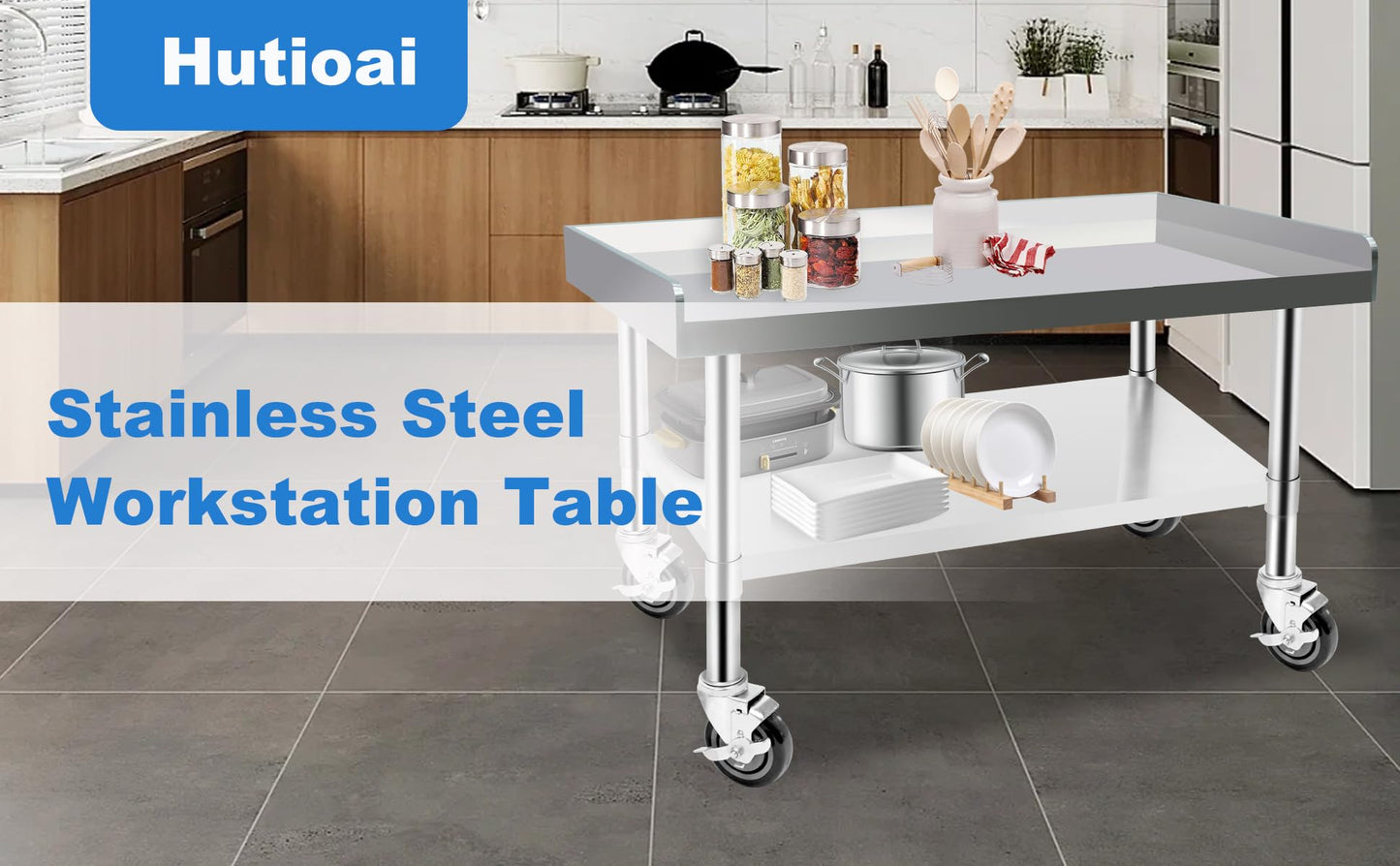 Hutioai Stainless Steel Worktable with Under Shelf & 360° Lockable Casters - Practical for Commercial Kitchens & Workshops (30 * 36 * 26in)