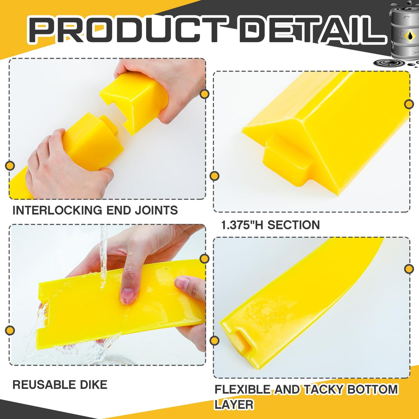 Pushglossy 2 Pcs Spill Barrier Dike 5'L x 2.6"W x 1.5"H Water Dam Barrier Liquid Blocker for Garage Home Floor Flooding Solutions(Yellow)