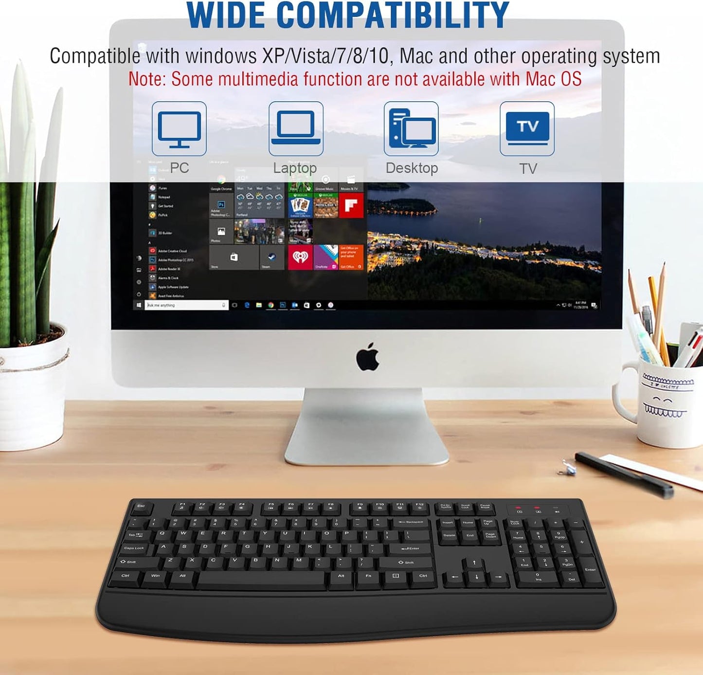 EDJO 2.4G Wireless Keyboard, Ergonomic Full Size Wireless Computer Keyboard with Wrist Rest for Windows, Mac OS