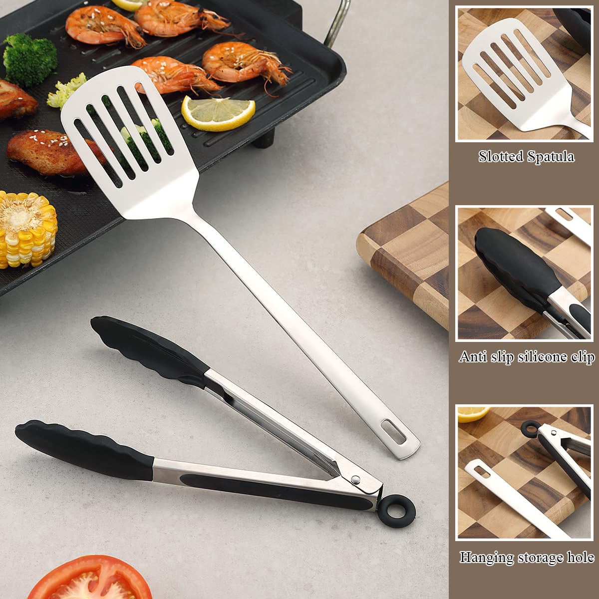 Spatulas And Kitchen Tong Set Of 2, Kyraton Spatula And Cooking Tongs, Stainless Steel Kitchen Utensils Set For Home, Restaurant, Camping, BBQ