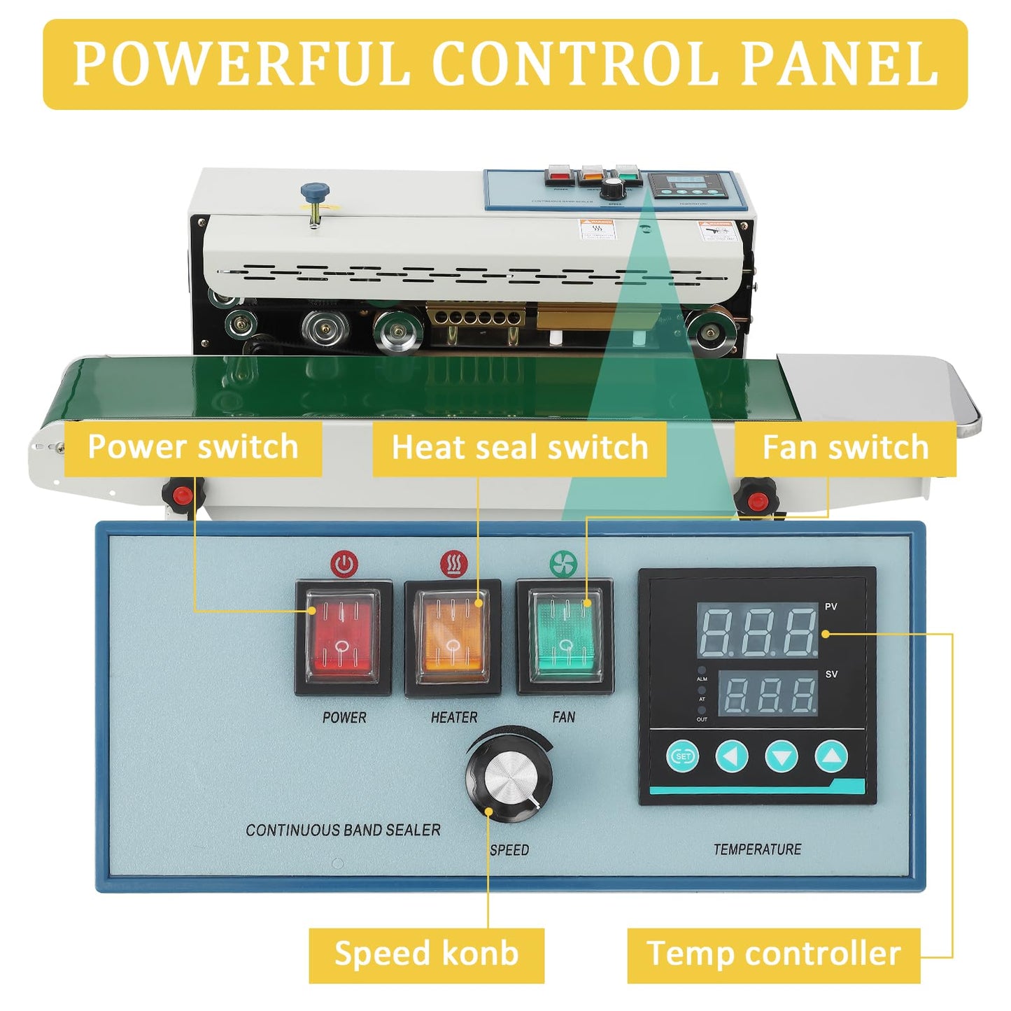 MilleLoom Continuous Band Sealer Machine - FR-900K Horizontal Automatic 110V with Digital Temperature Control for 0.02-0.08 mm Commercial PP/Aluminum Foil/PVC Plastic Bags