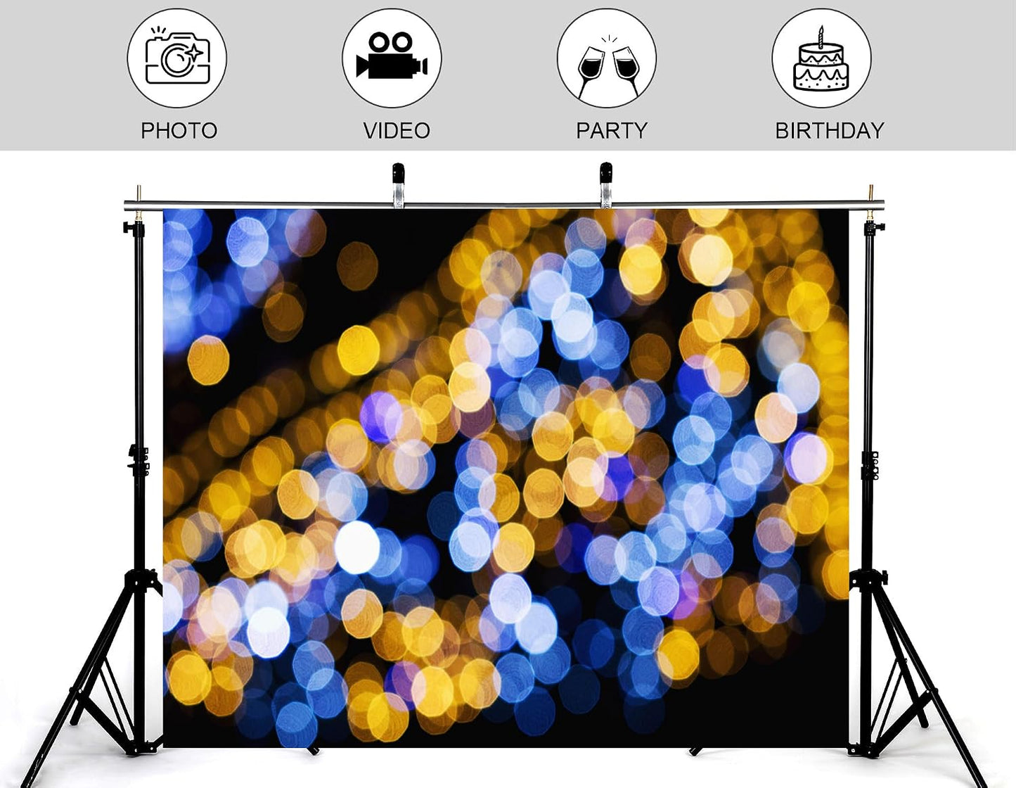 KeyWork 10x7ft Blue Gold Bokeh Backdrop Glitter Night Light Abstract Sparkle Photography Background for Wedding