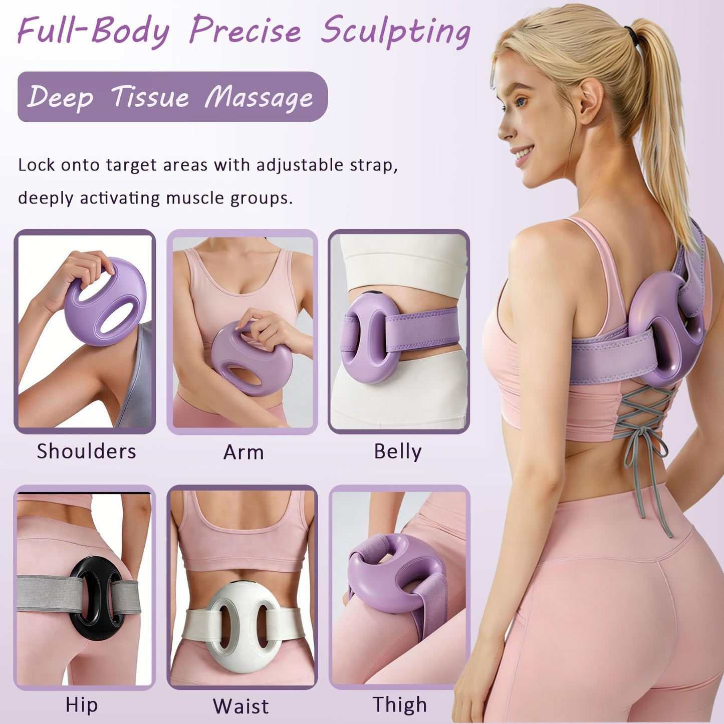YLZELSKY Full-Body Fascia Ring Massager with Belt Deep Tissue Vibration Massage Tool 3 Modes & 6 Intensities, Portable Cordless Massager for Weight Loss & Lymphatic Drainage, Gift for Women (Purple)