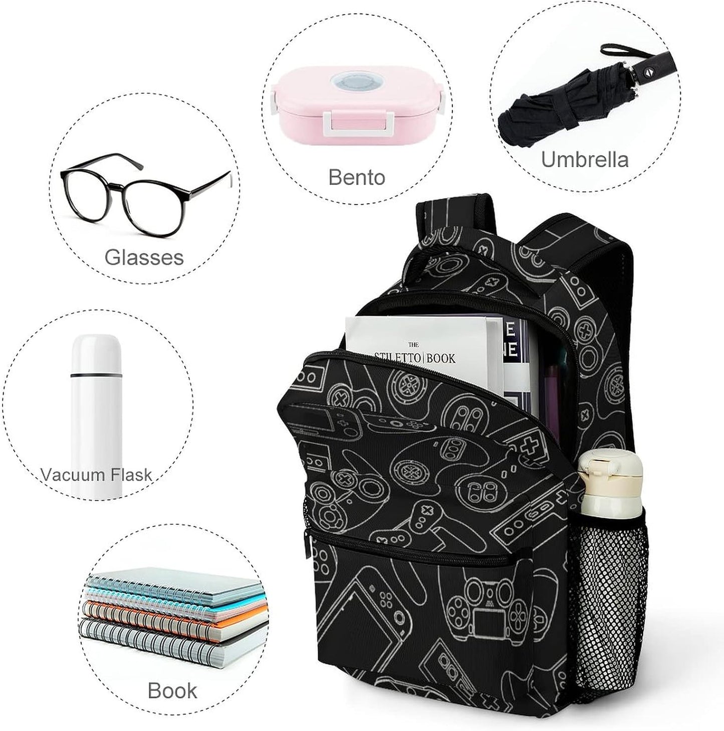 Fiokroo Backpack Backpacks Daypack Video Game Controller Black Background School Bag For Students Teens Men Women