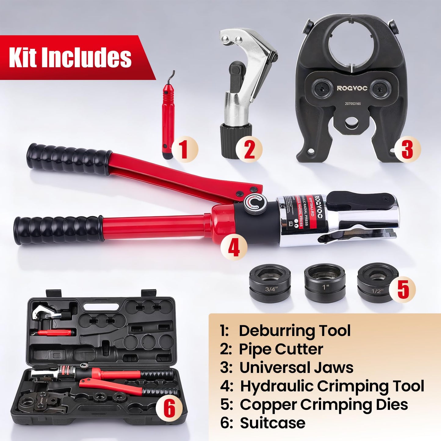 ROGVOC Hydraulic ProPress Tool, Copper Pipe Crimping Tool with 1/2, 3/4, 1 Inch Jaws, Compact Hydraulic Press Tool for Copper Tube Fittings, Ideal for Tight Spaces and Most Copper Press Systems