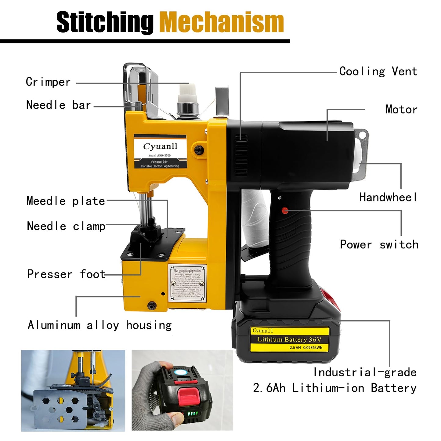 Bag Sewing Machine-Portable Battery Handheld Cordless Bag Sewing Machine,Automatic Bag Stitcher With Thread for Burlap Sack, Canvas,Feed Sacks,Rice Bags,Jute Bags,Seed Bags(Machine+1 battery)-Yellow