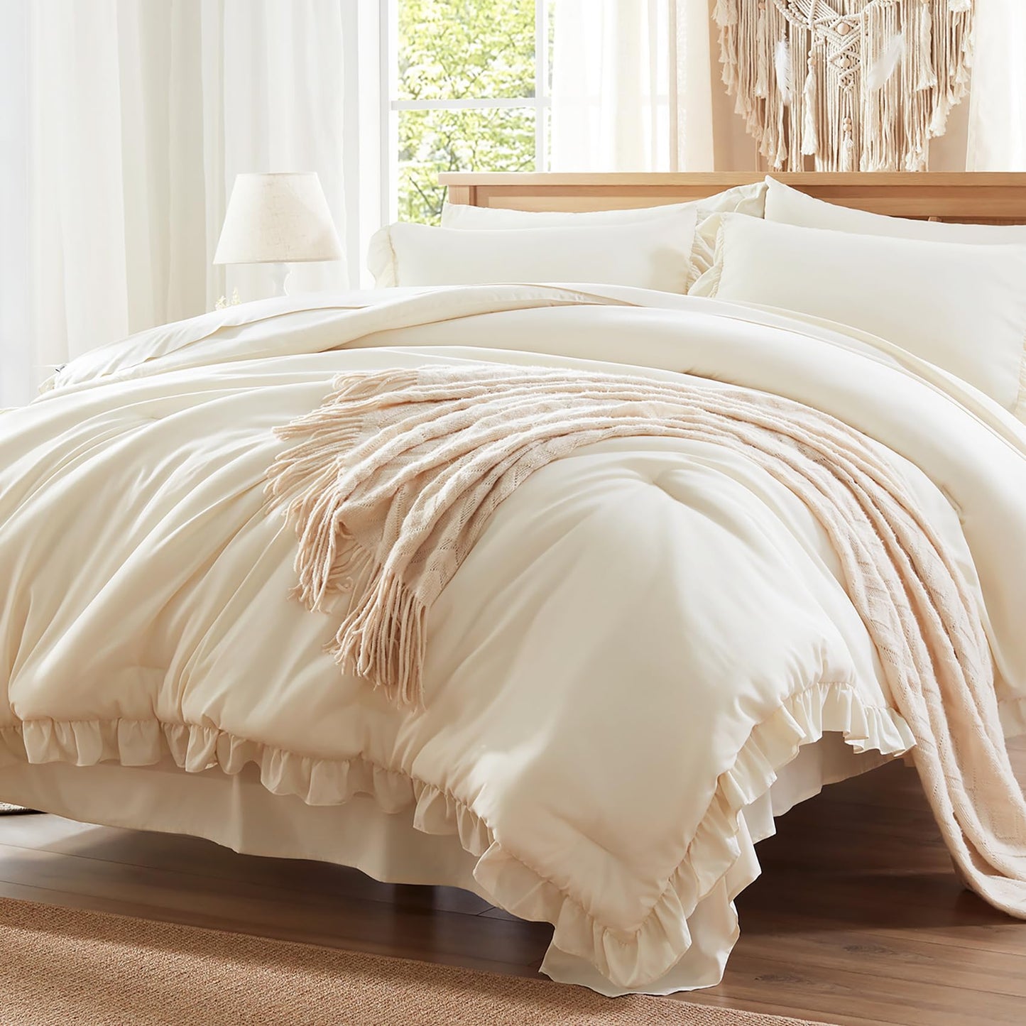 Anluoer King Comforter Set 7 Piece, Cream Bed in a Bag with Sheets, All Season Ruffle Shabby Chic Bedding Sets with 1 Comforter, 2 Pillow Shams, 2 Pillowcases, 1 Flat Sheet, 1 Fitted Sheet